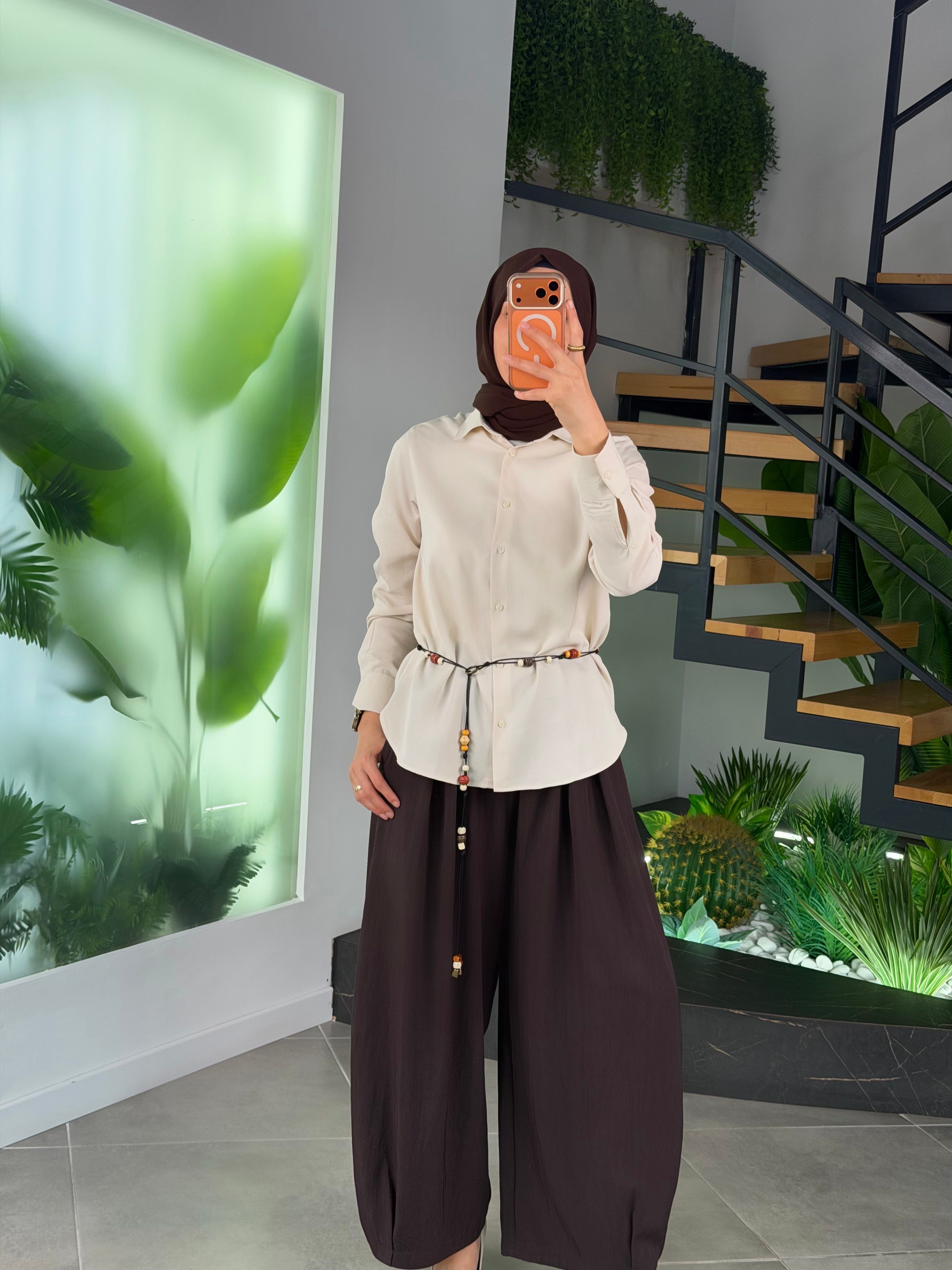 Bej Renk Lyocell  Kumaş Basıc Gömlek