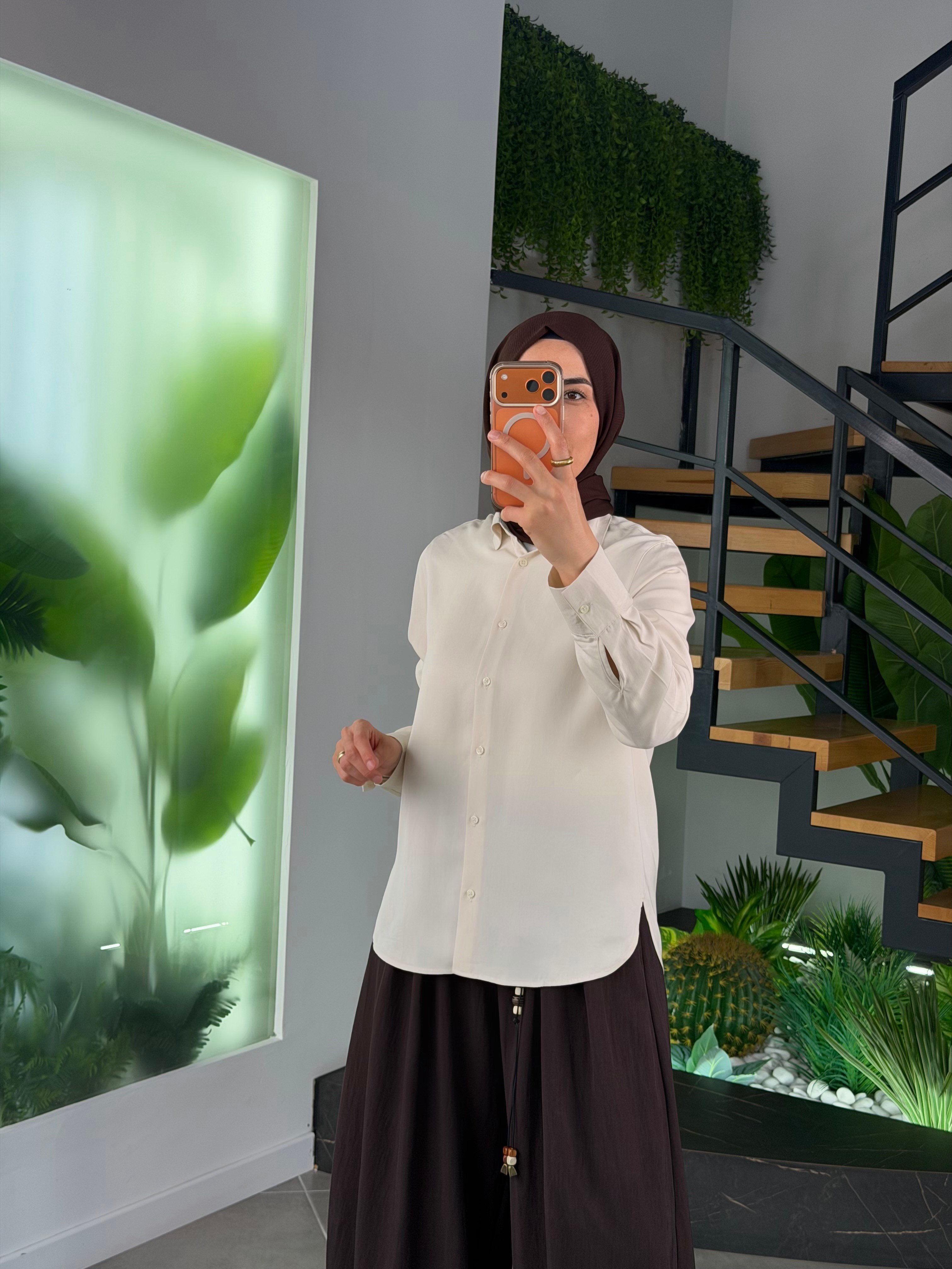 Bej Renk Lyocell  Kumaş Basıc Gömlek