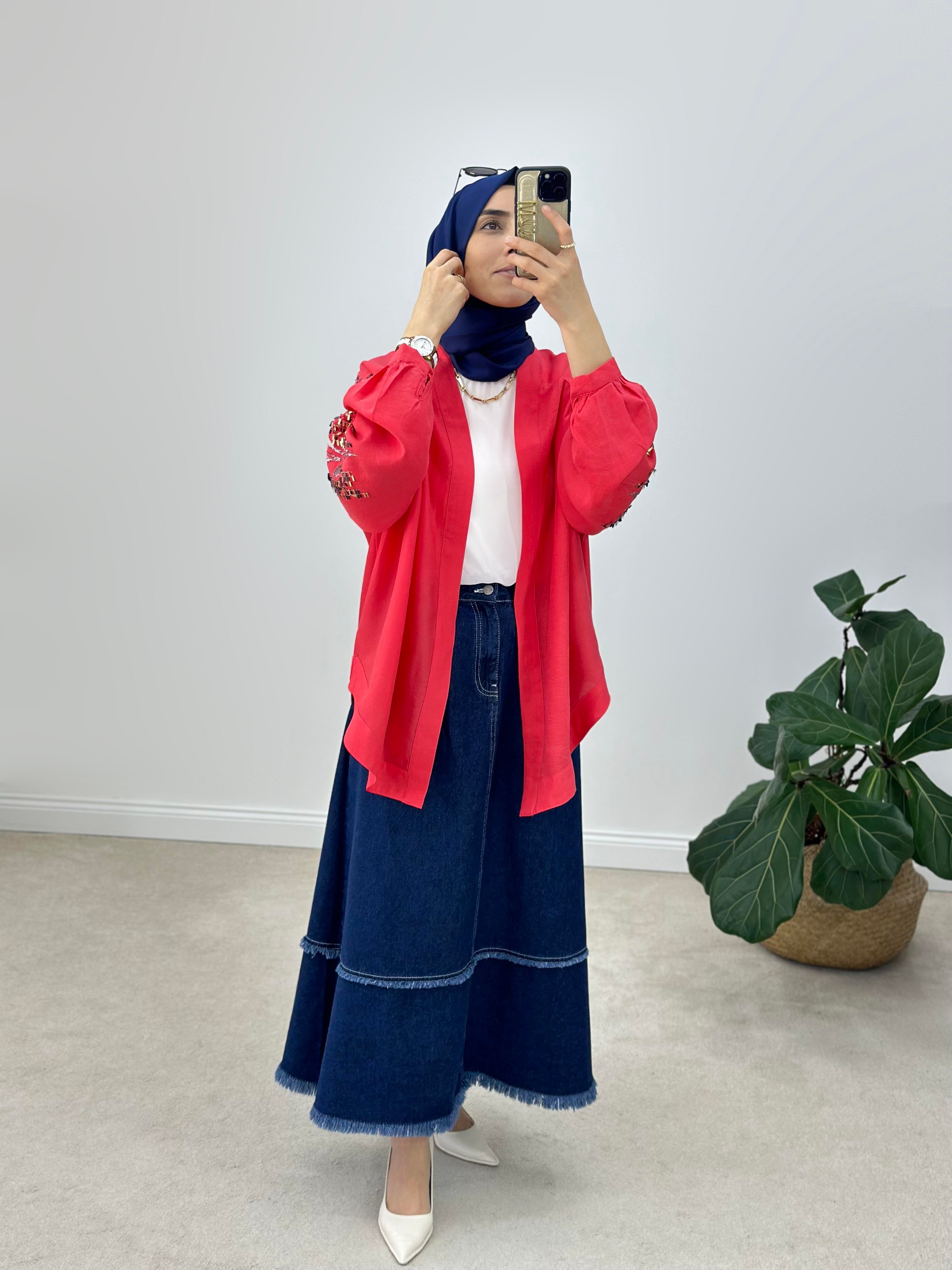 Belden Kemerli Bedenden Cepli Denim Kumaş Kot Etek