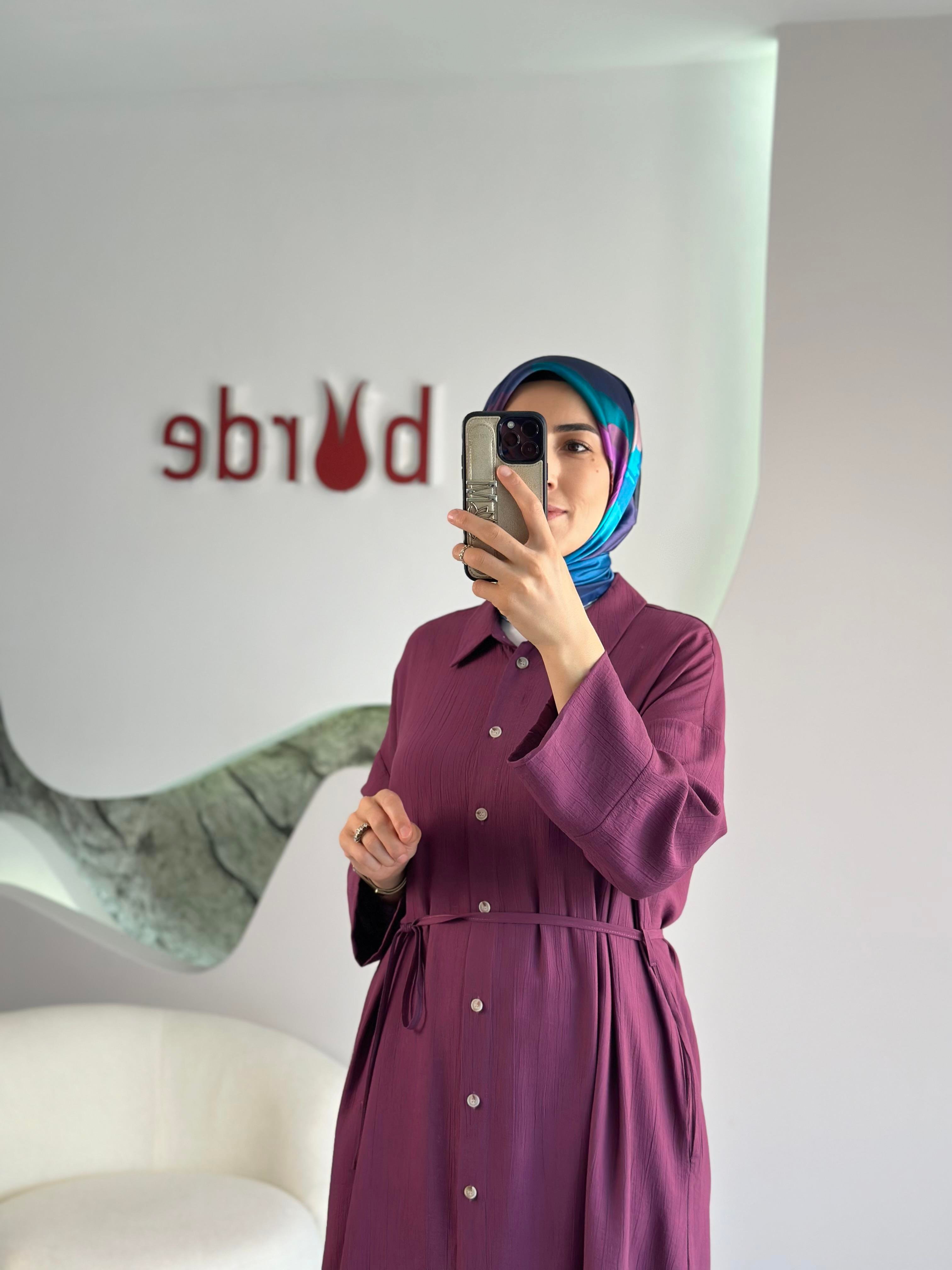 Biye Kemerli Bordo Renk Kadın Gömlek Elbise