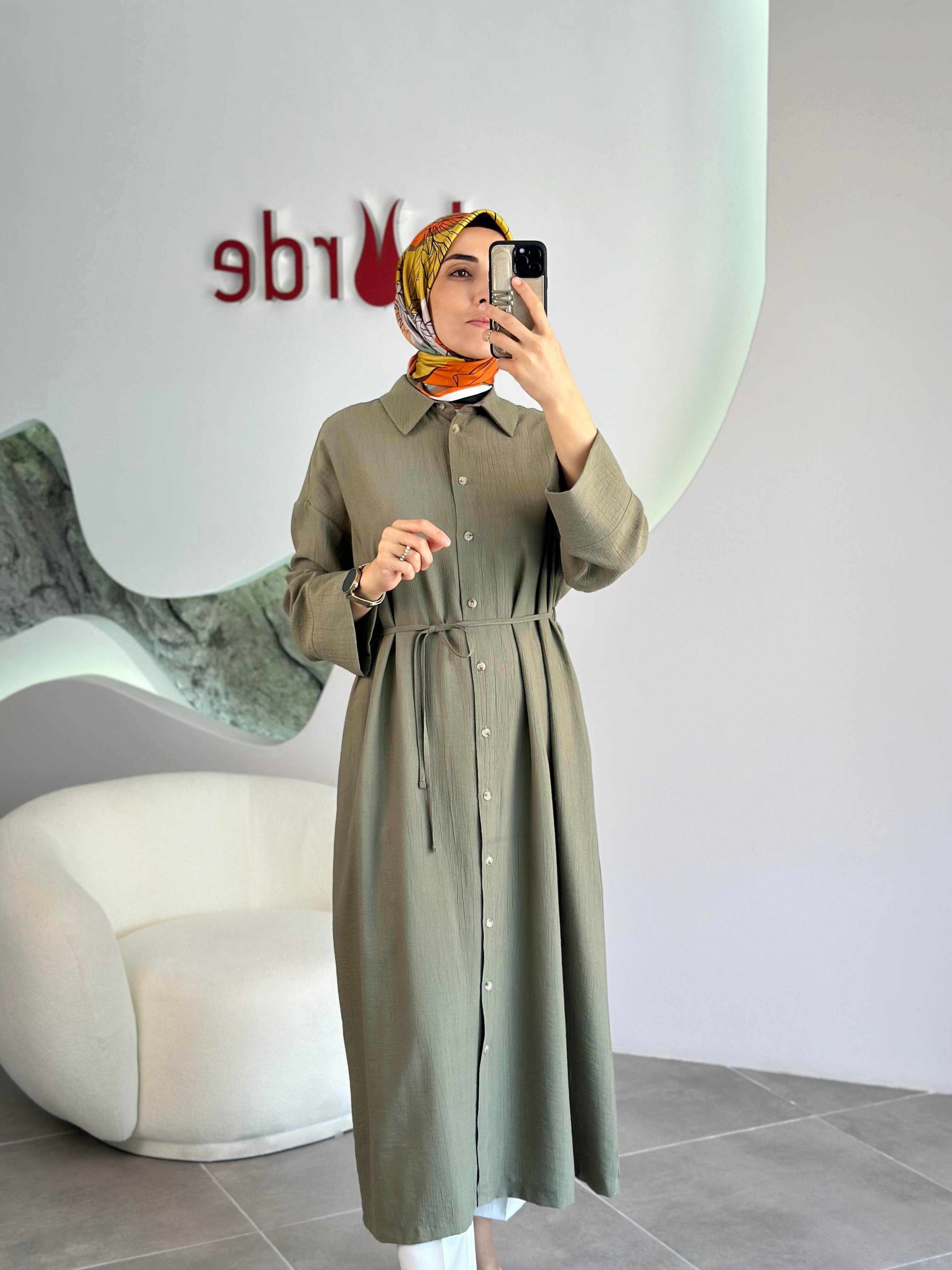 Biye Kemerli Haki Renk Kadın Gömlek Elbise