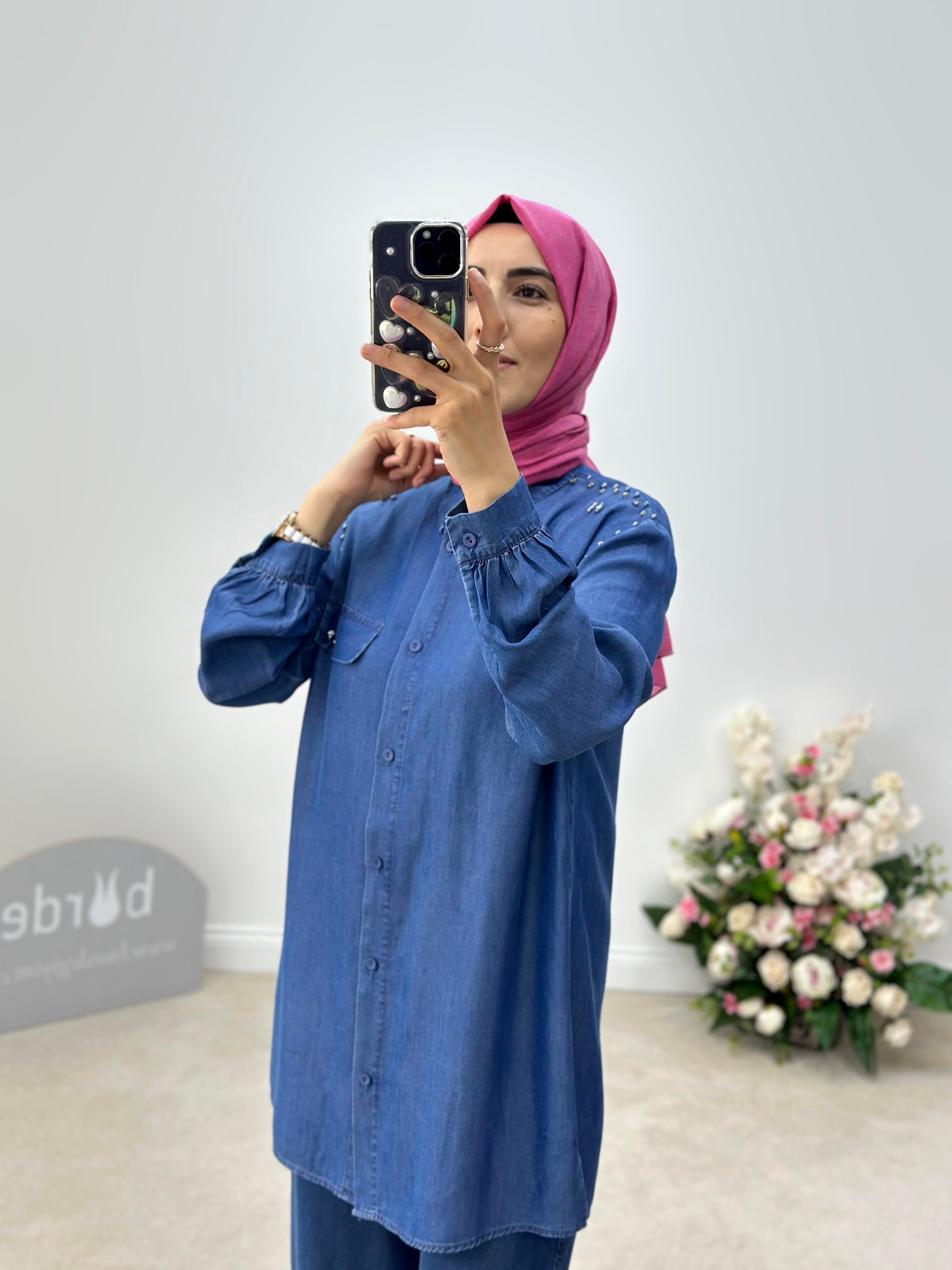 Boncuk Detaylı Tencel Gömlek