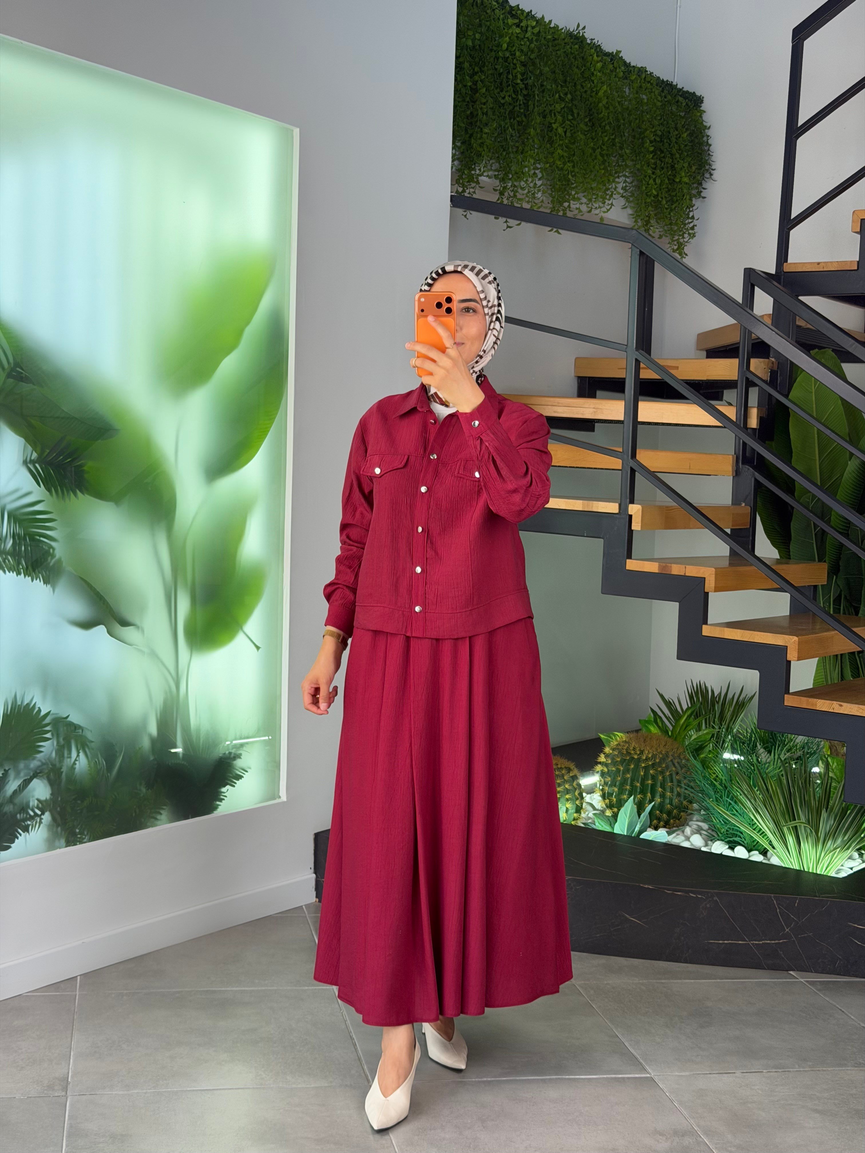 Bordo Renk Cep Kapağı Detaylı Etekli Takım
