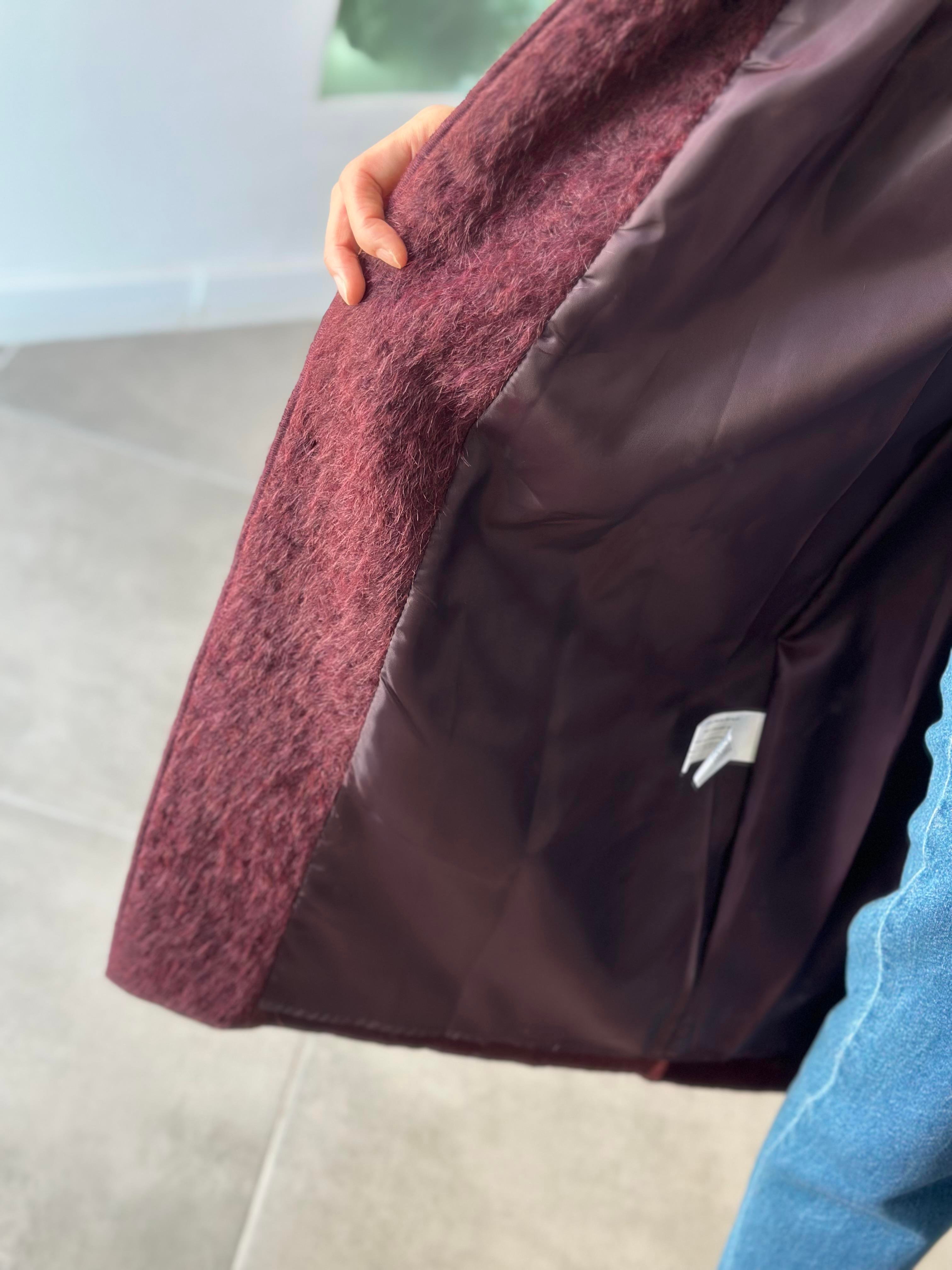 Bordo Renk Kadın Peluş Uzun Kaban