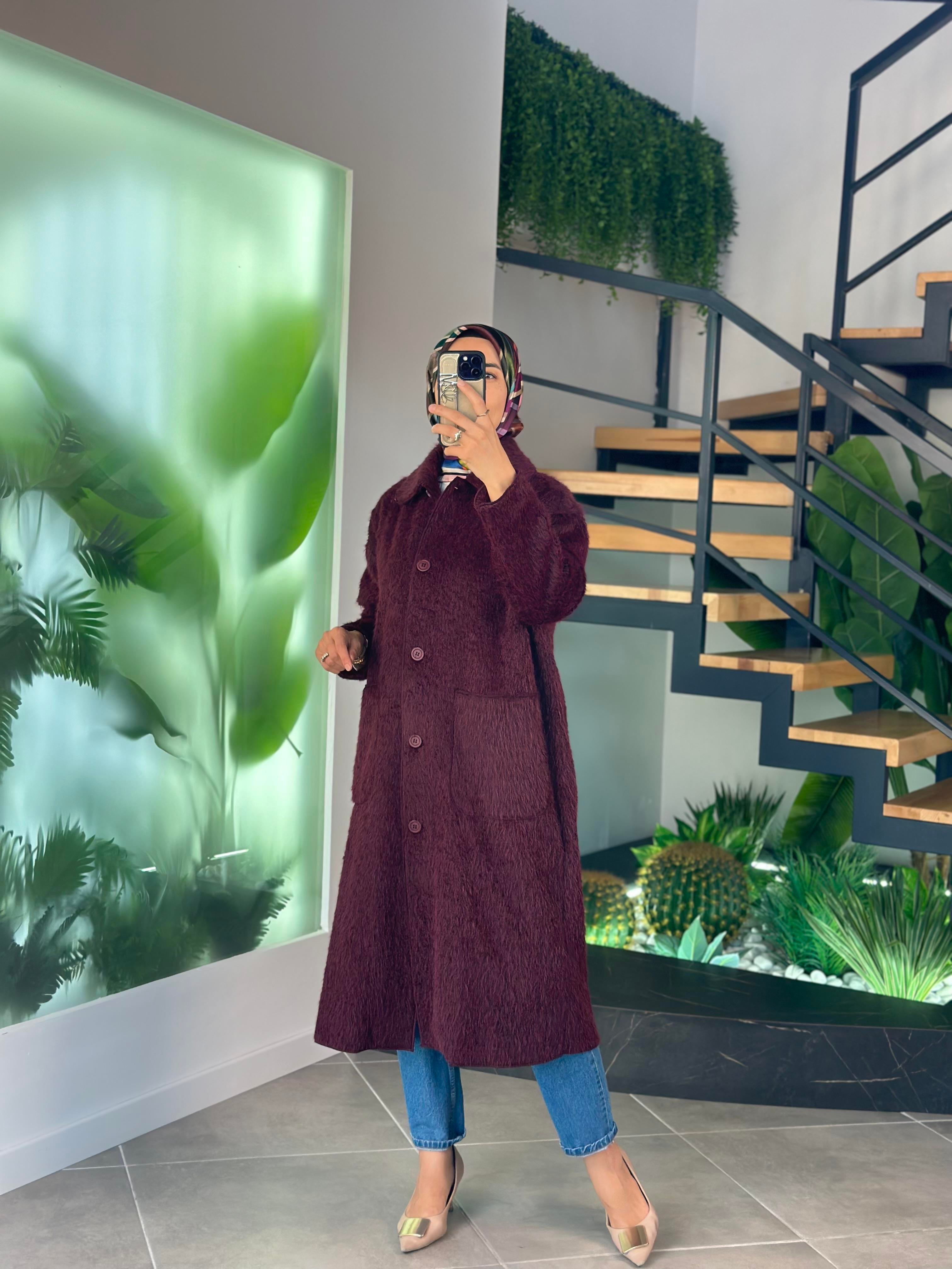 Bordo Renk Kadın Peluş Uzun Kaban
