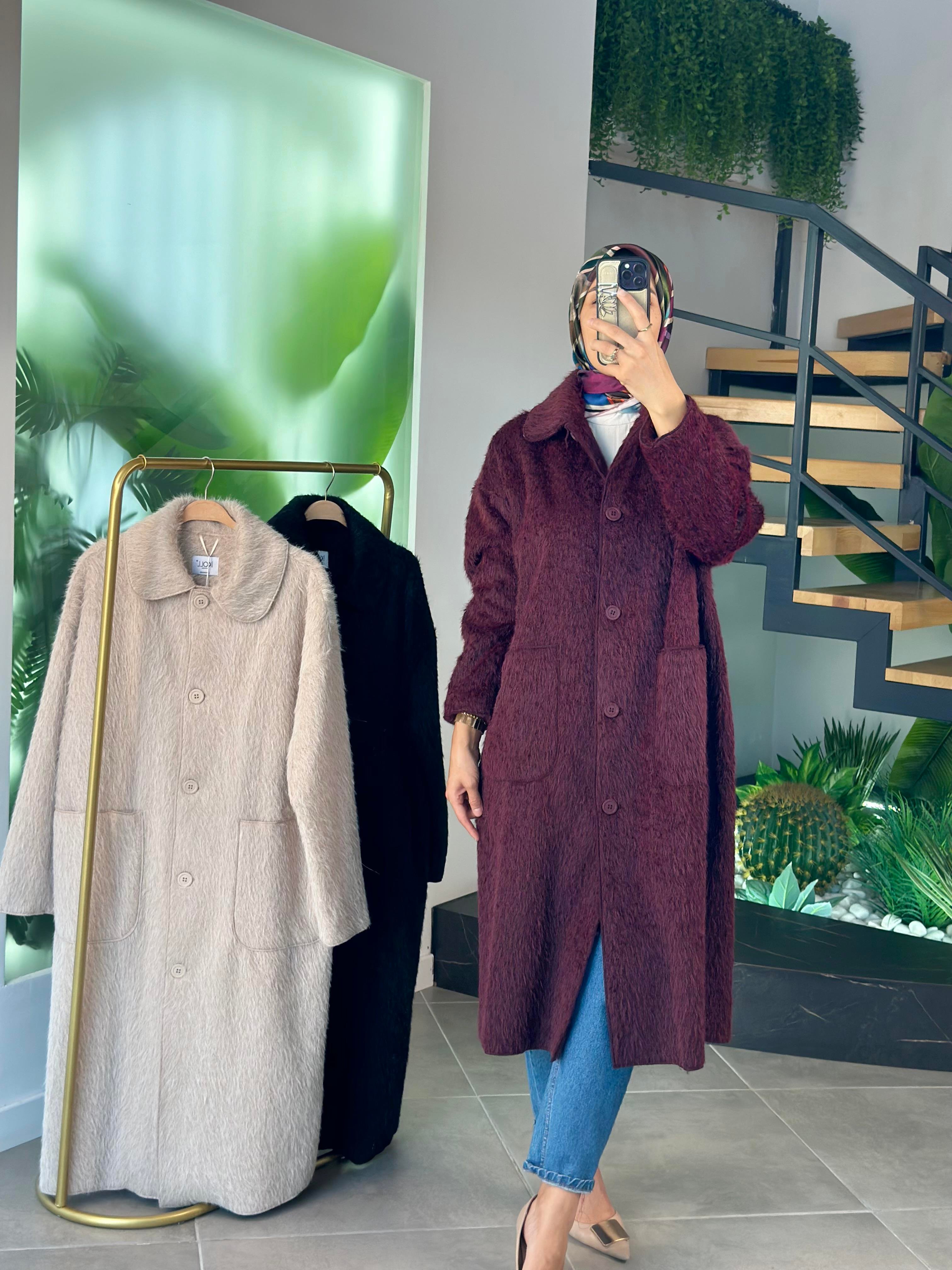 Bordo Renk Kadın Peluş Uzun Kaban