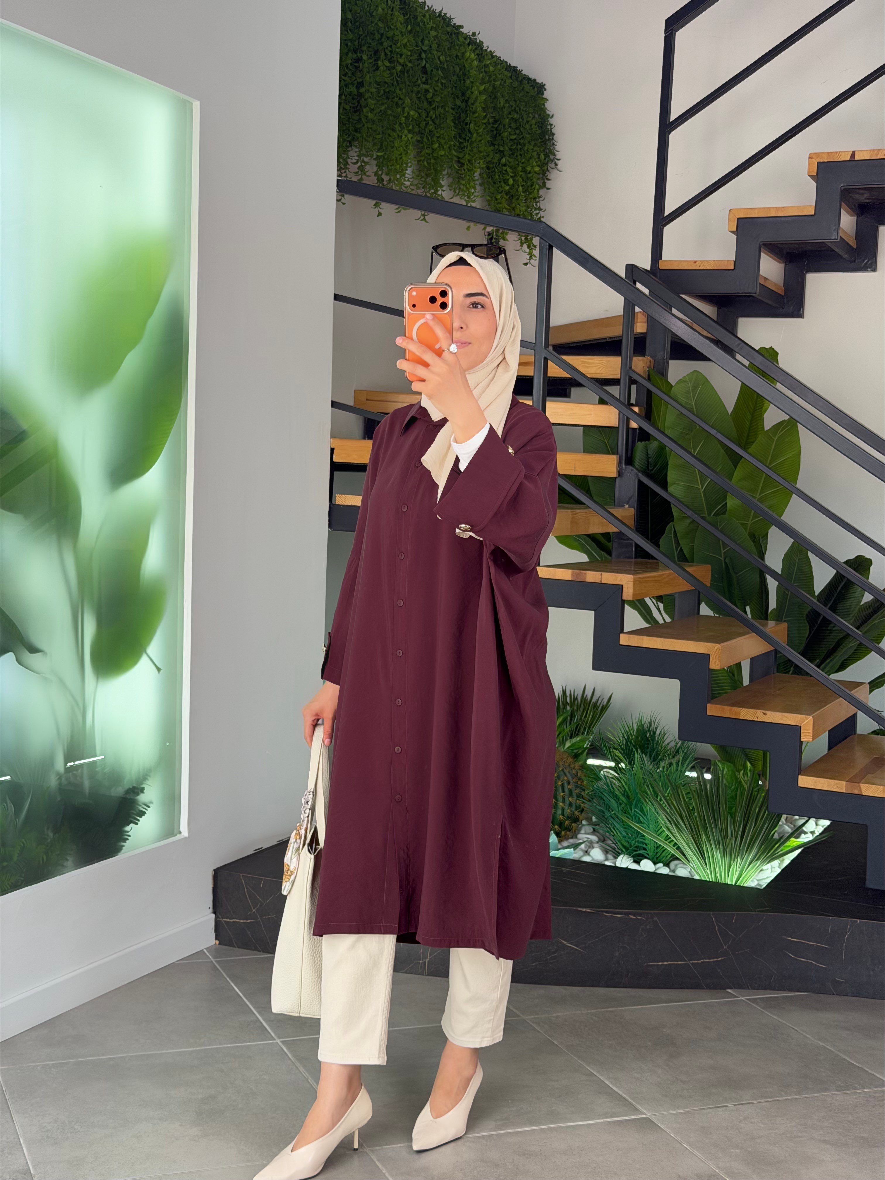 Bordo Renk Kol Manşet Detaylı Gömlek Tunik