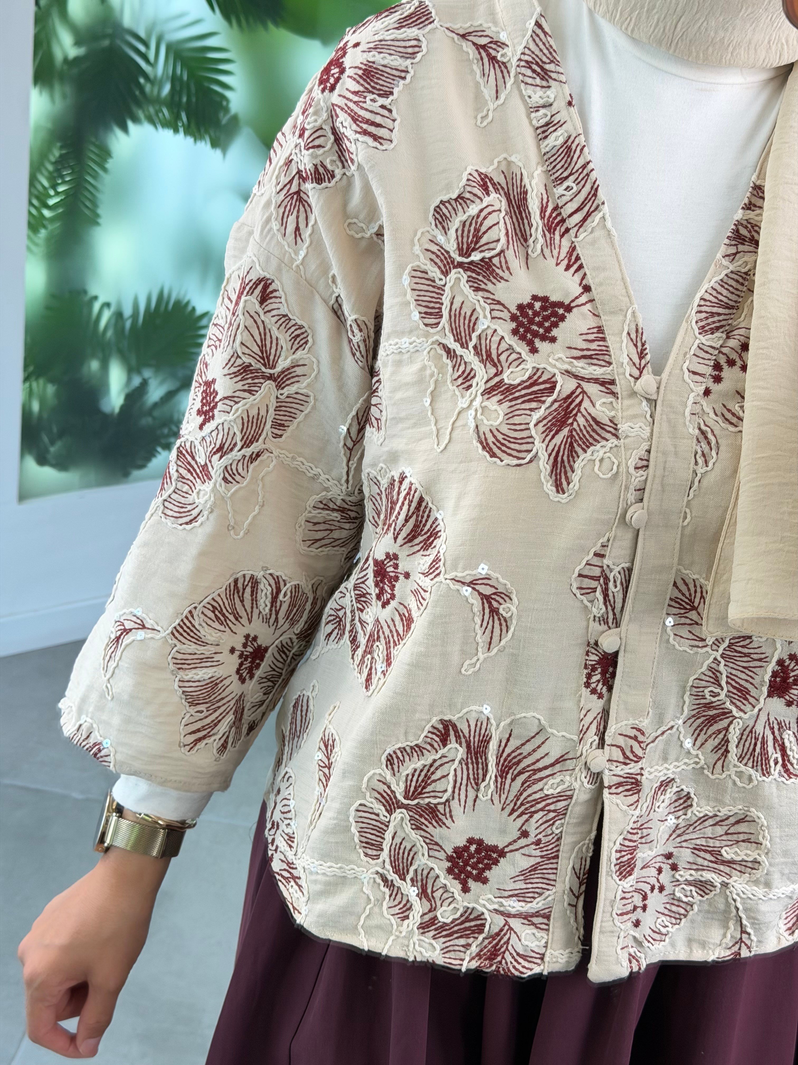 Bordo Renk Nakış Ve Pulet İşlemeli Kimono