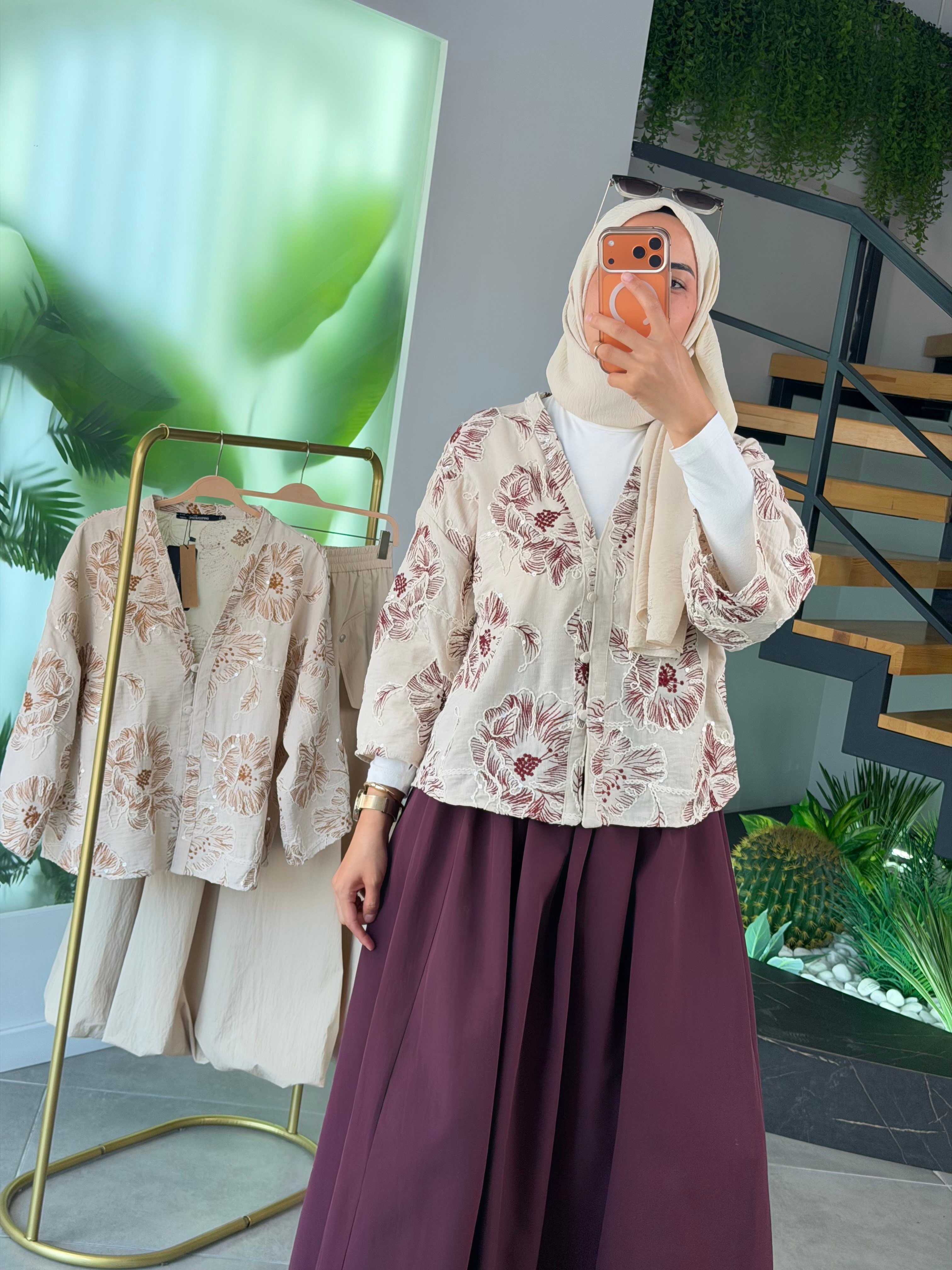 Bordo Renk Nakış Ve Pulet İşlemeli Kimono