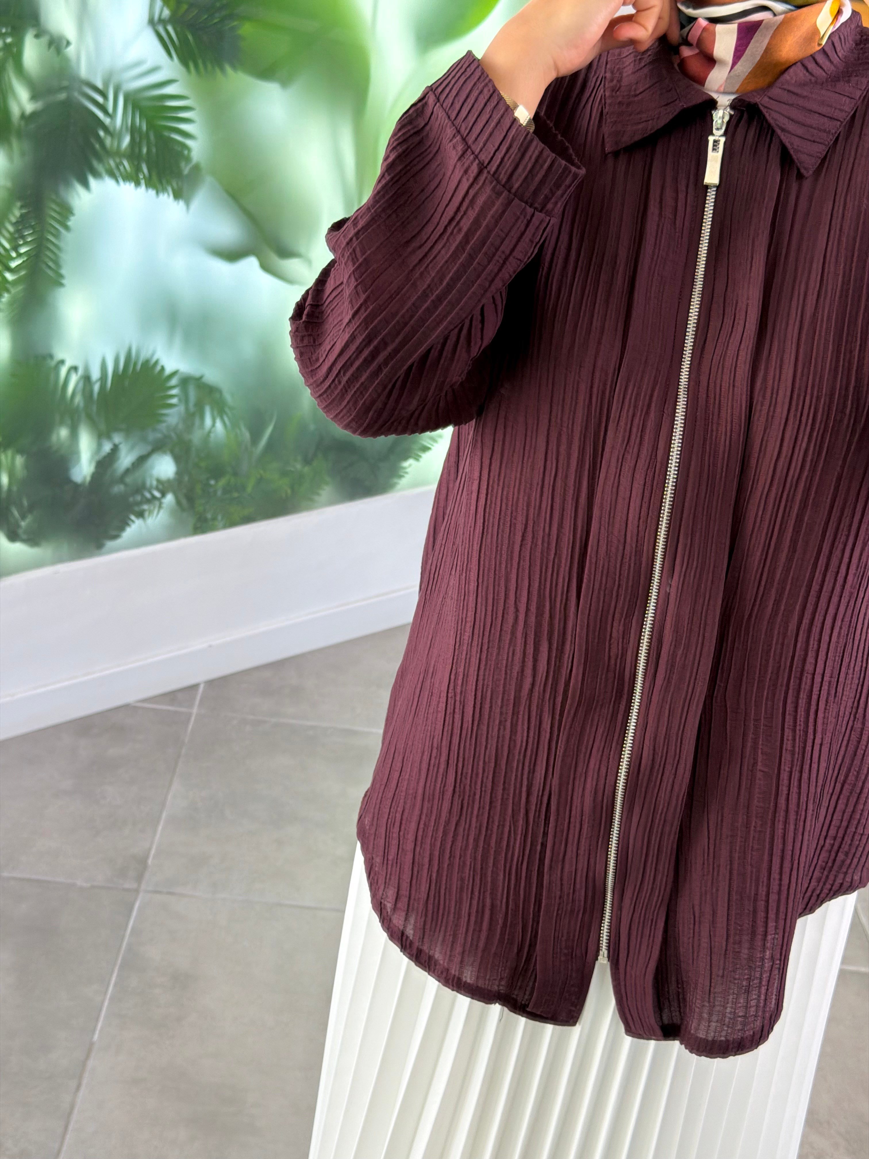 Bordo Renk Pile Detaylı Fermuarlı Ceket