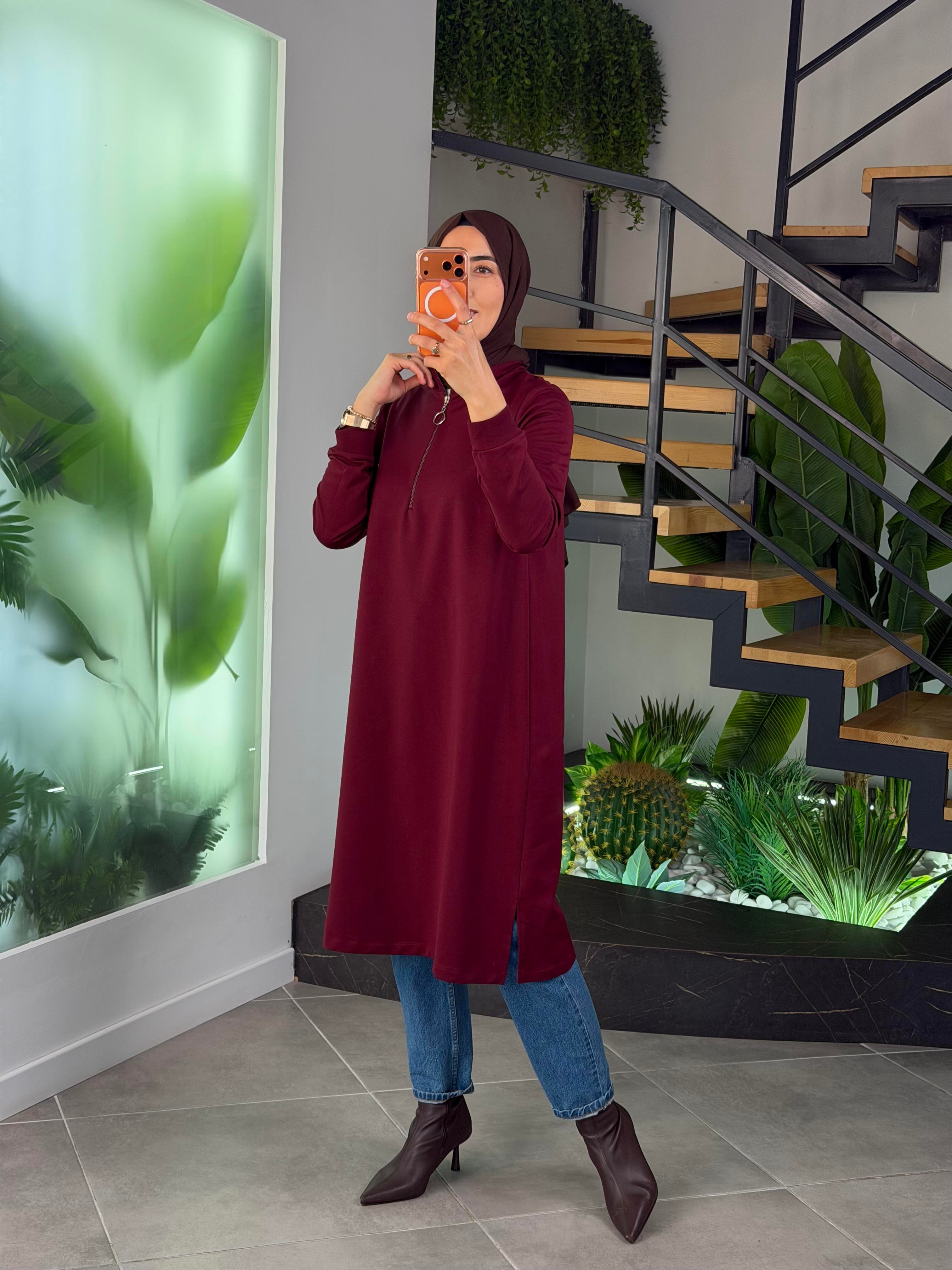 Bordo Renk Yarım Fermuarlı Basıc Kadın Tunik
