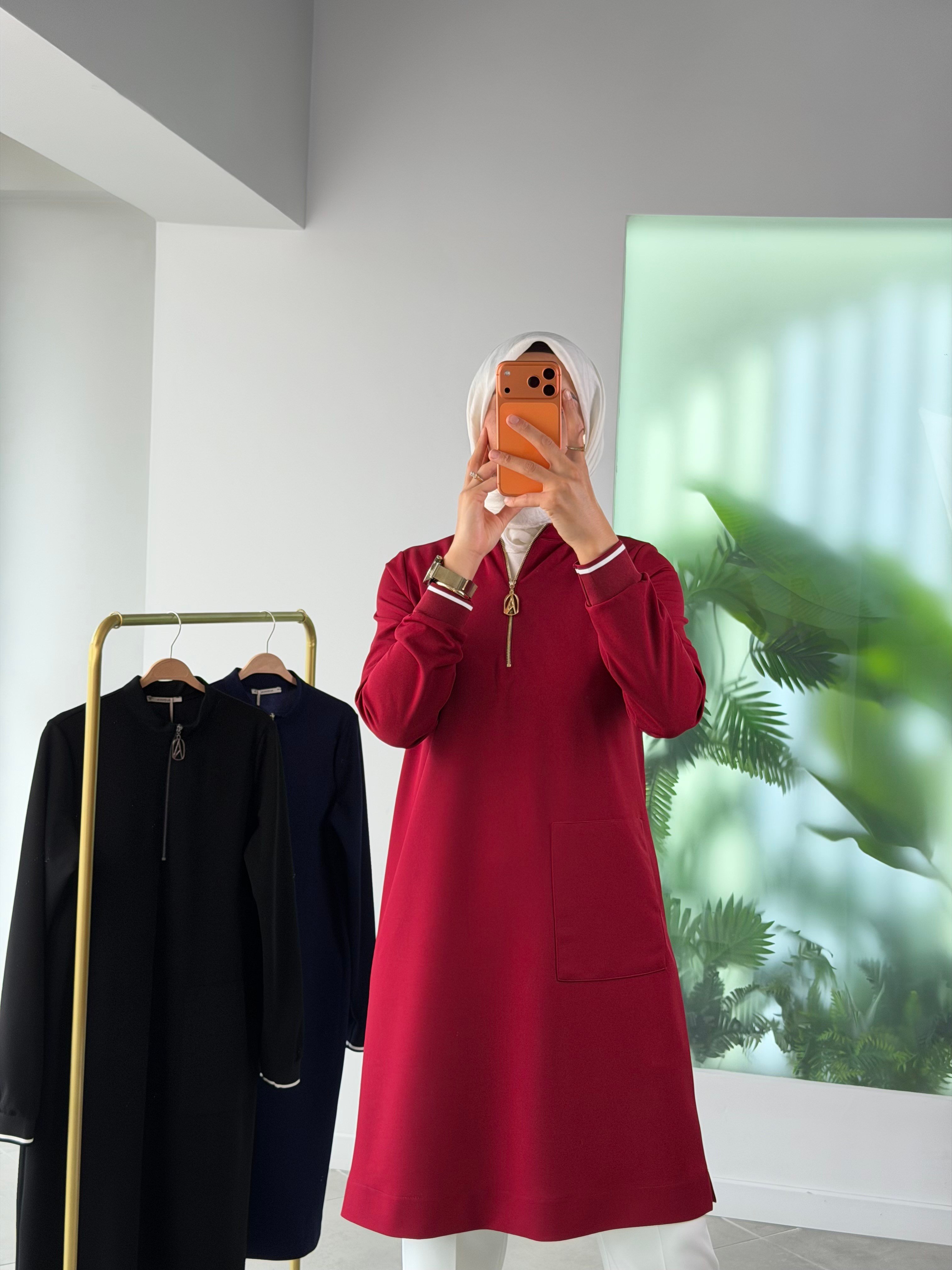 Bordo Renk Yarım Fermuarlı Tunik 26KT452
