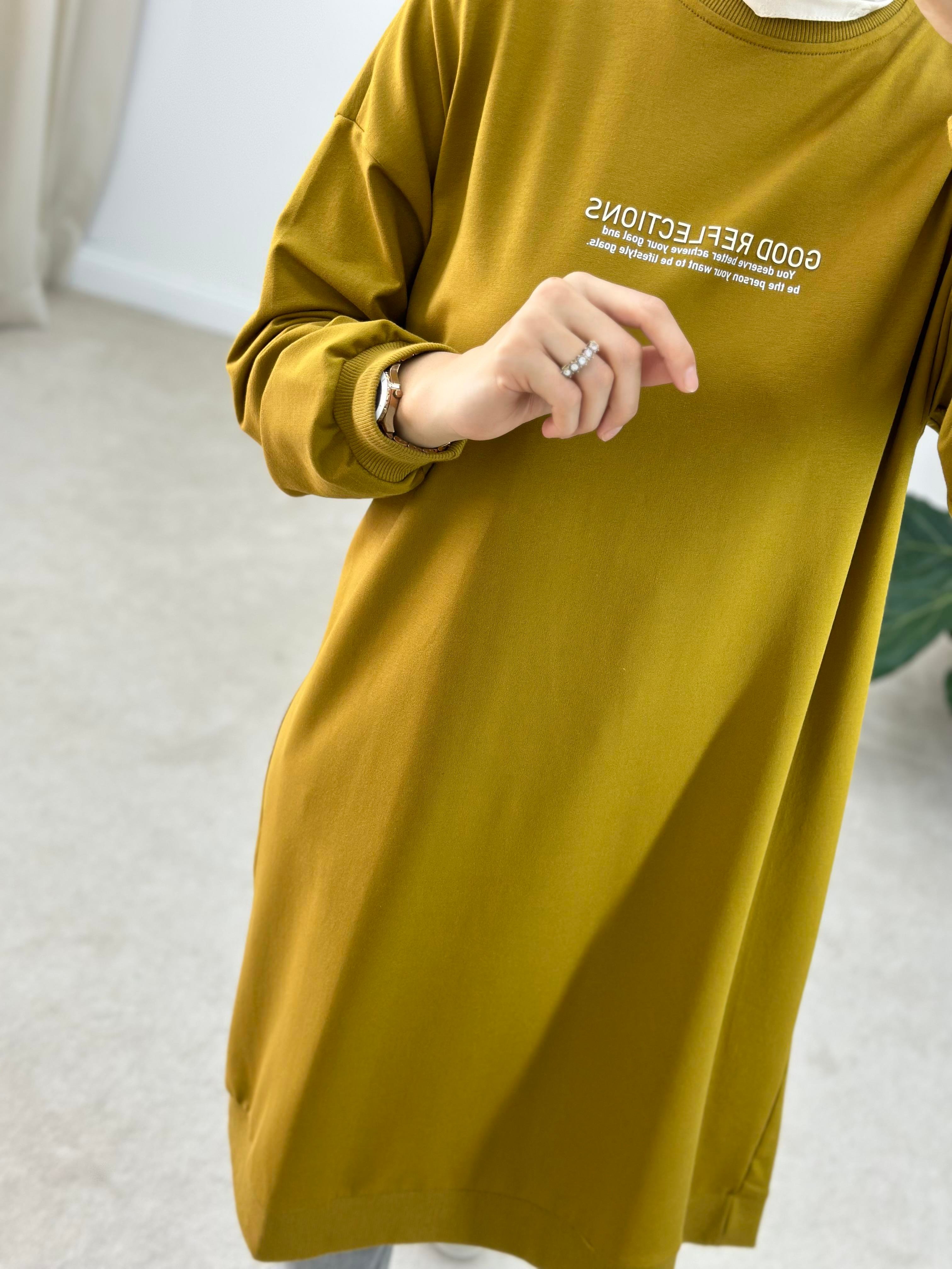 Boste Baskılı İki İplik Uzun Sweatshirt