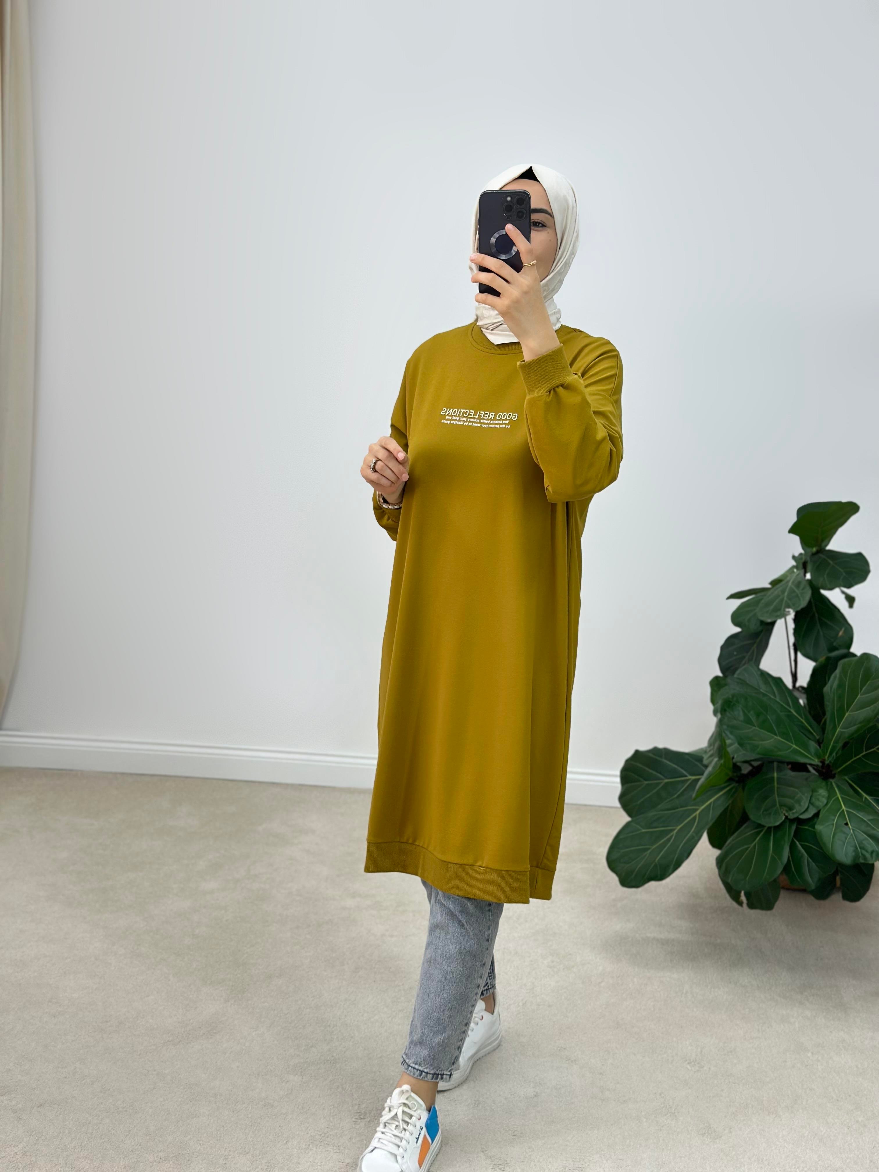 Boste Baskılı İki İplik Uzun Sweatshirt