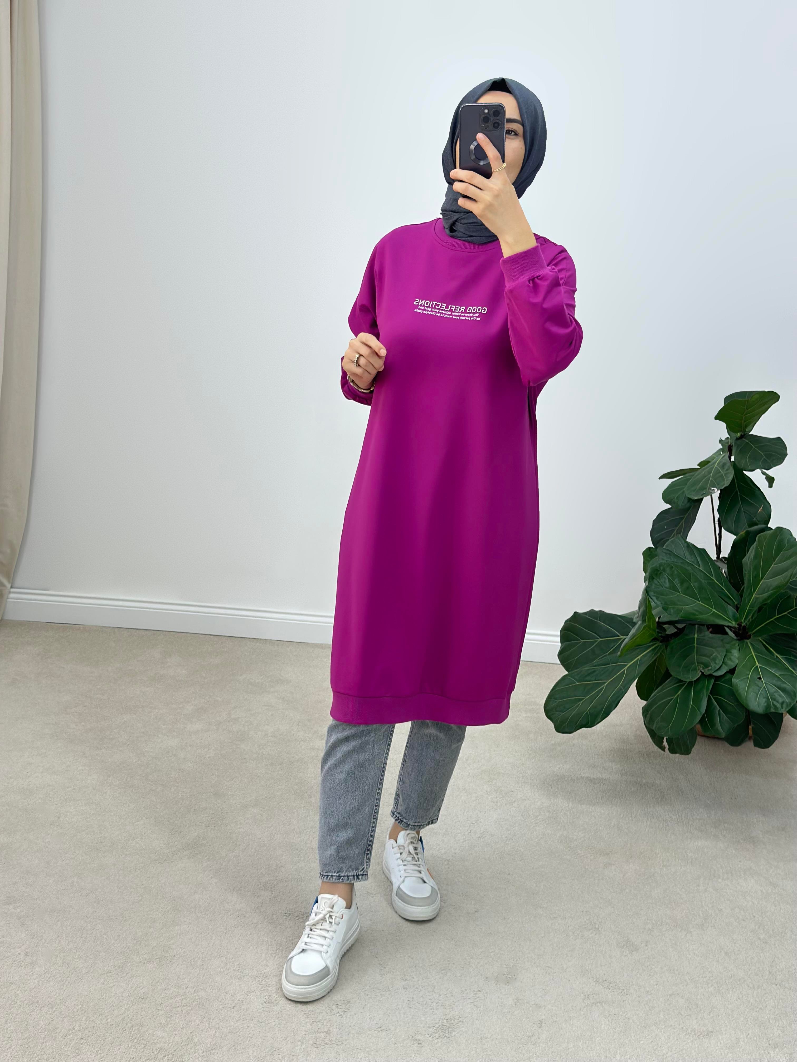 Boste Baskılı İki İplik Uzun Sweatshirt