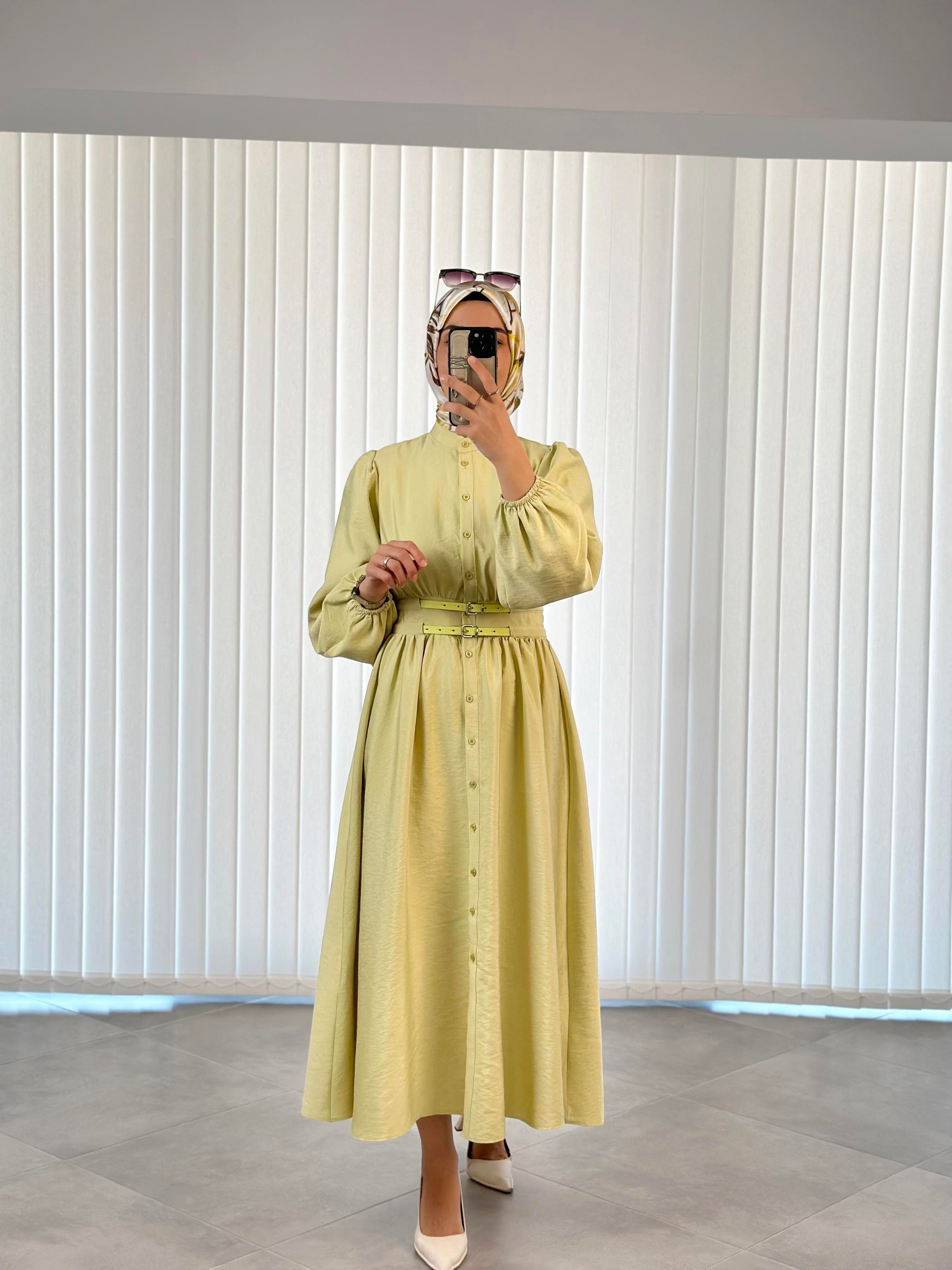 Boydan Düğmeli Beli Kemerli Olive Renk Kadın Elbise
