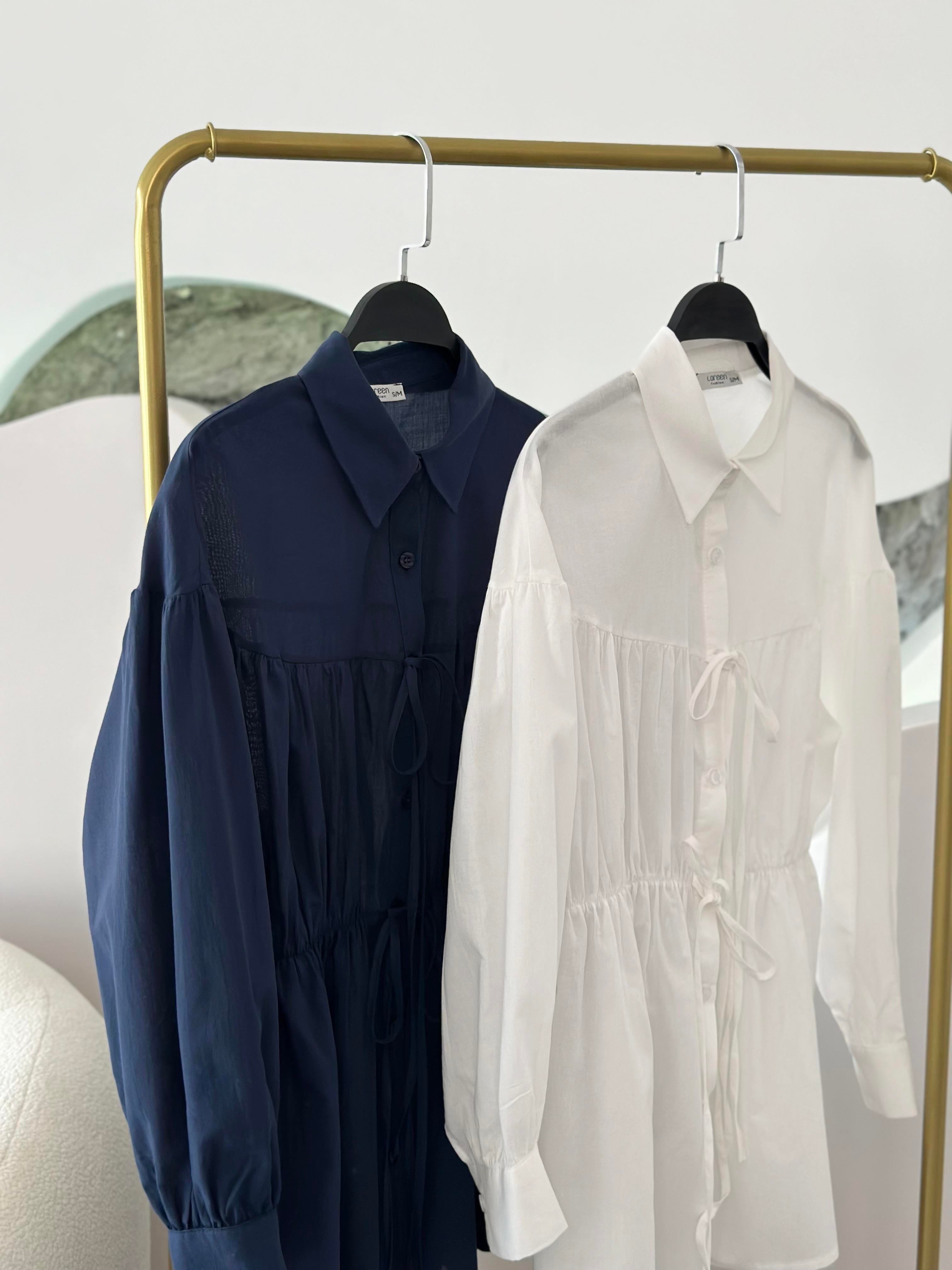 Büzgü Detaylı Chambray Kumaş Ekru Renk Kadın Gömlek