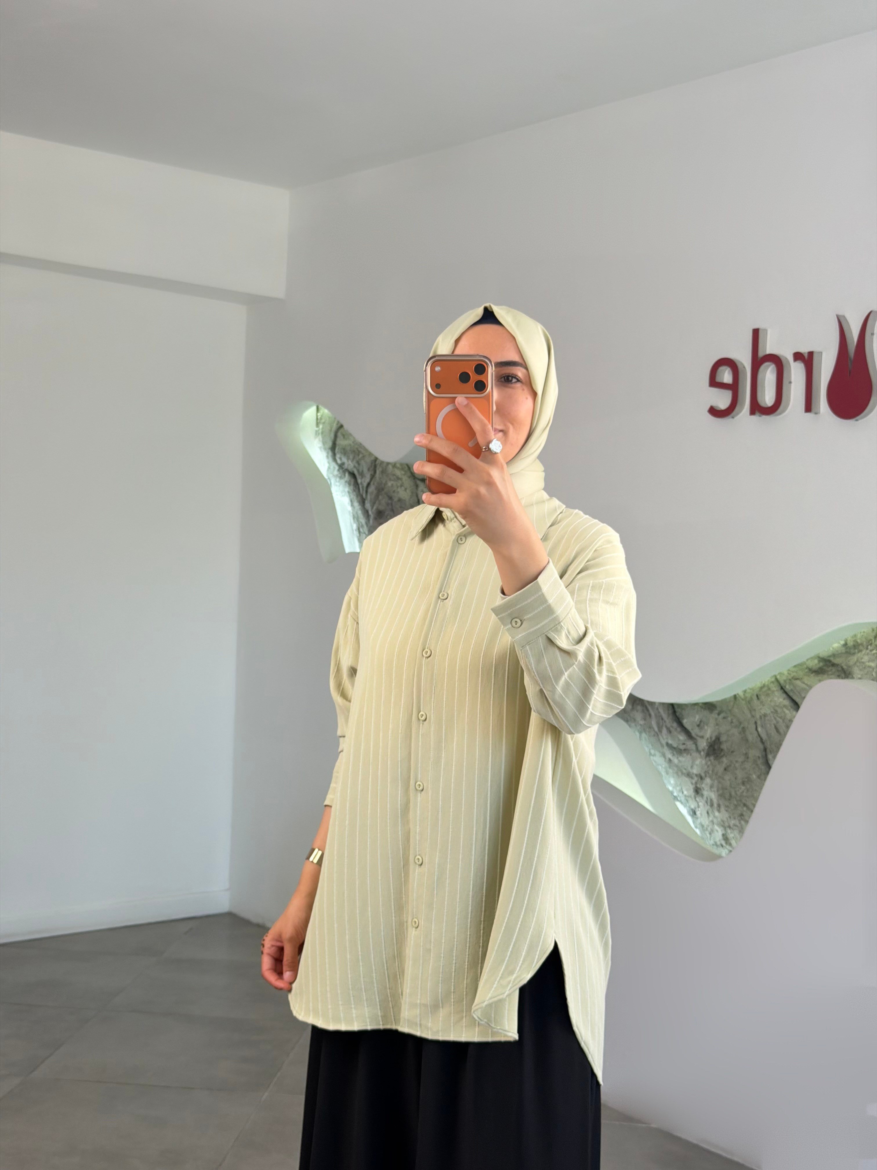Çağla Yeşili Renk Çizgili Basıc Gömlek