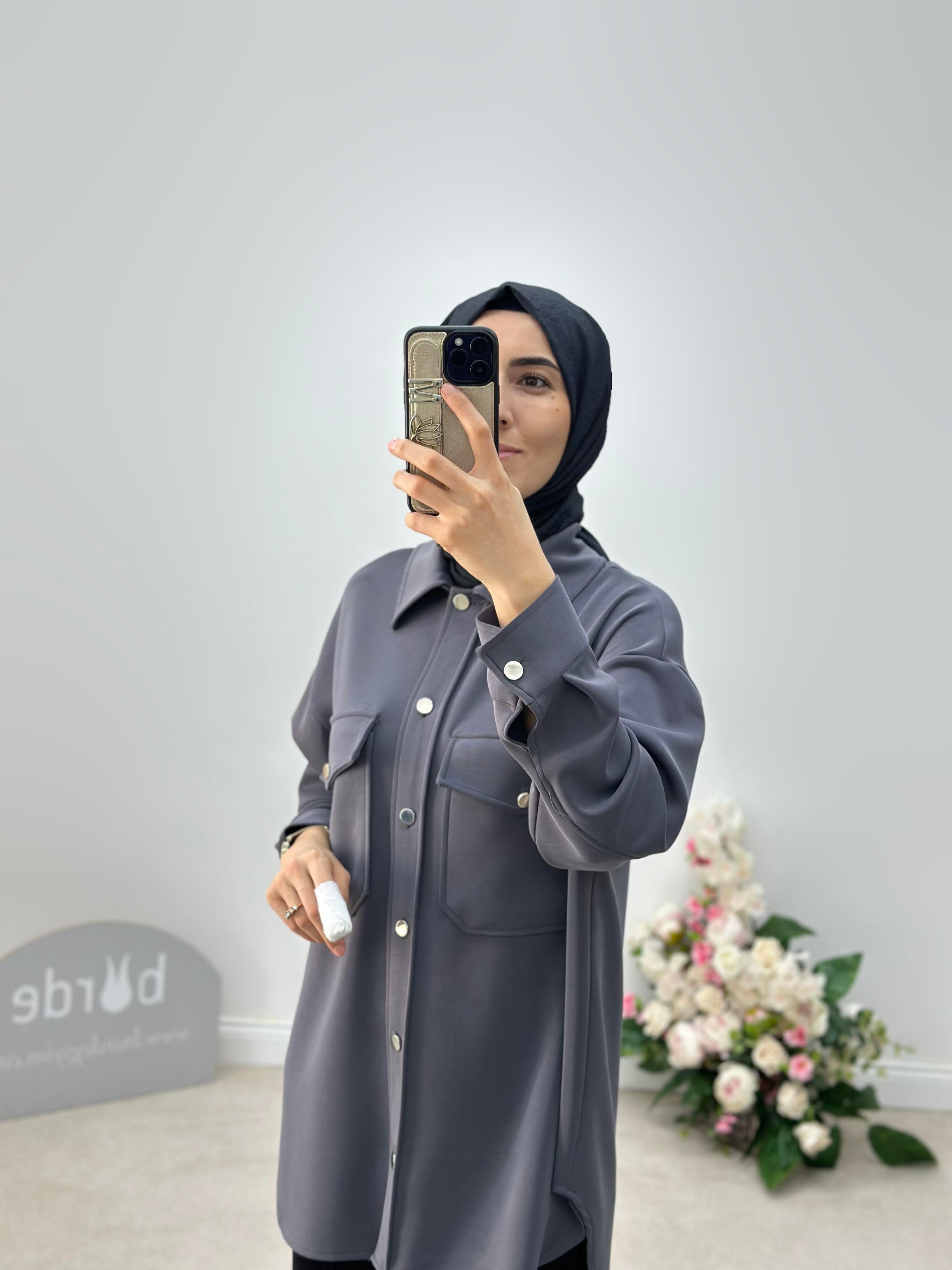 Cepli Oversize Antrasit Renk Kadın Shacket