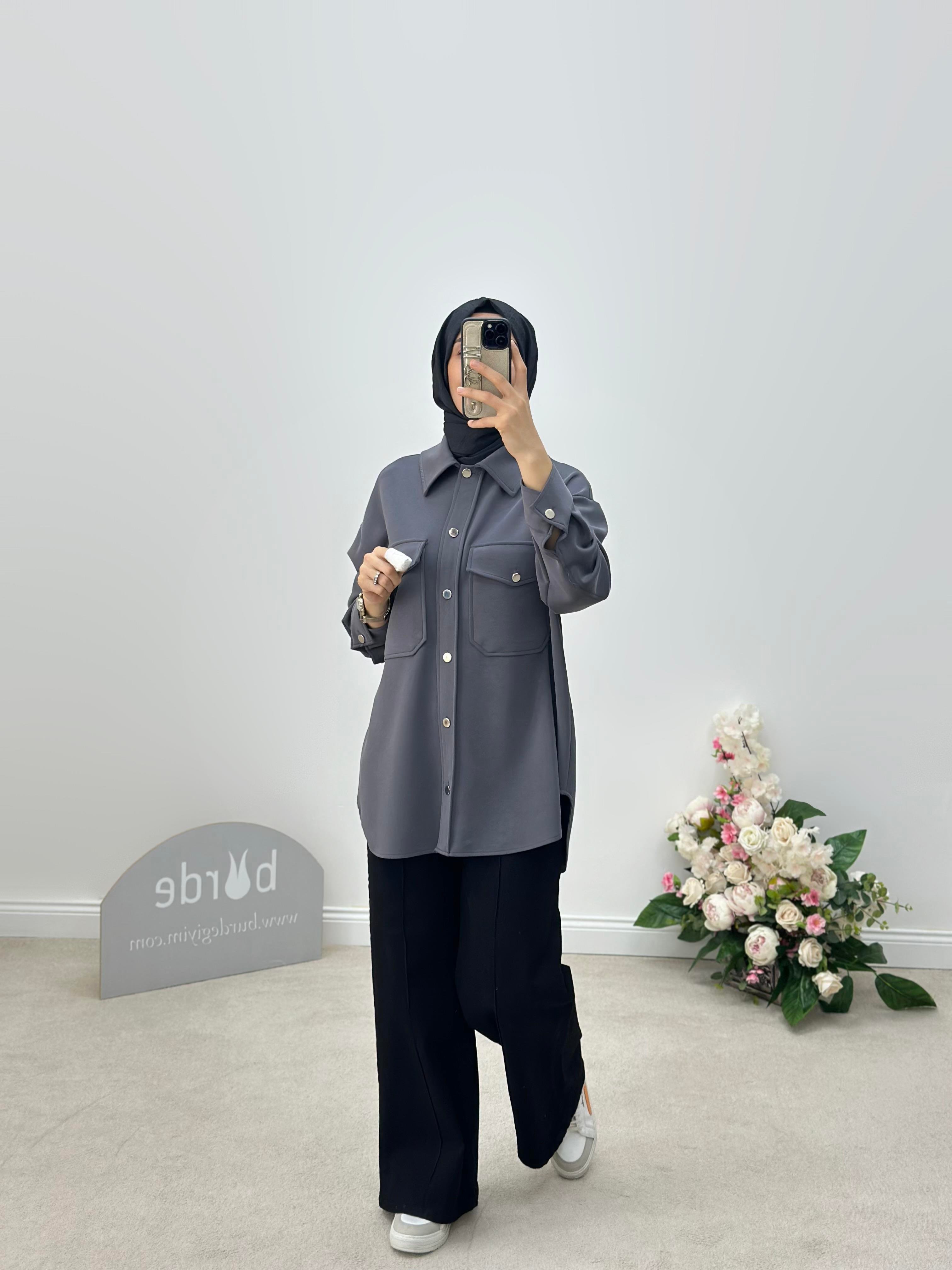 Cepli Oversize Antrasit Renk Kadın Shacket