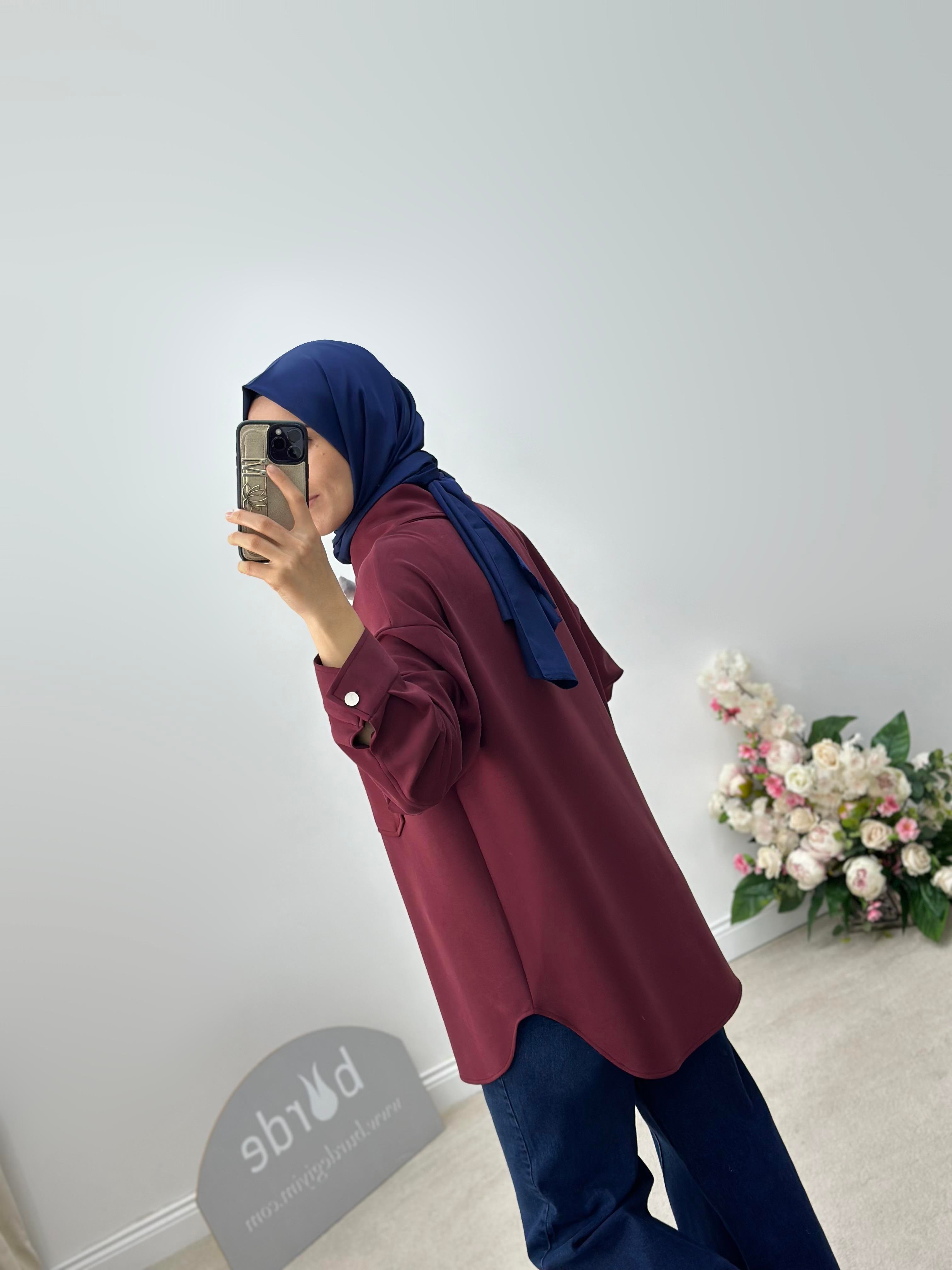 Cepli Oversize Bordo Renk Kadın Shacket