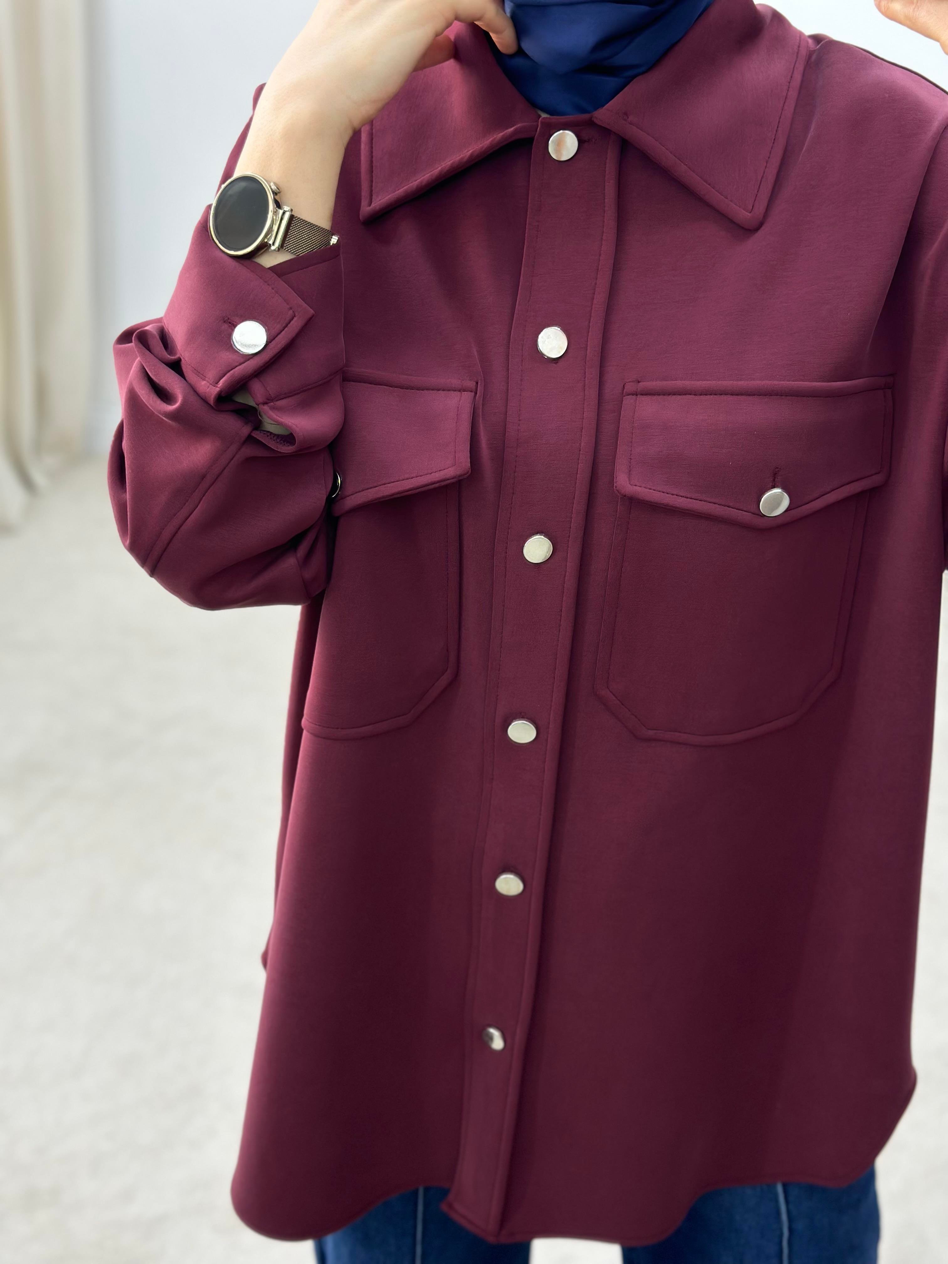 Cepli Oversize Bordo Renk Kadın Shacket