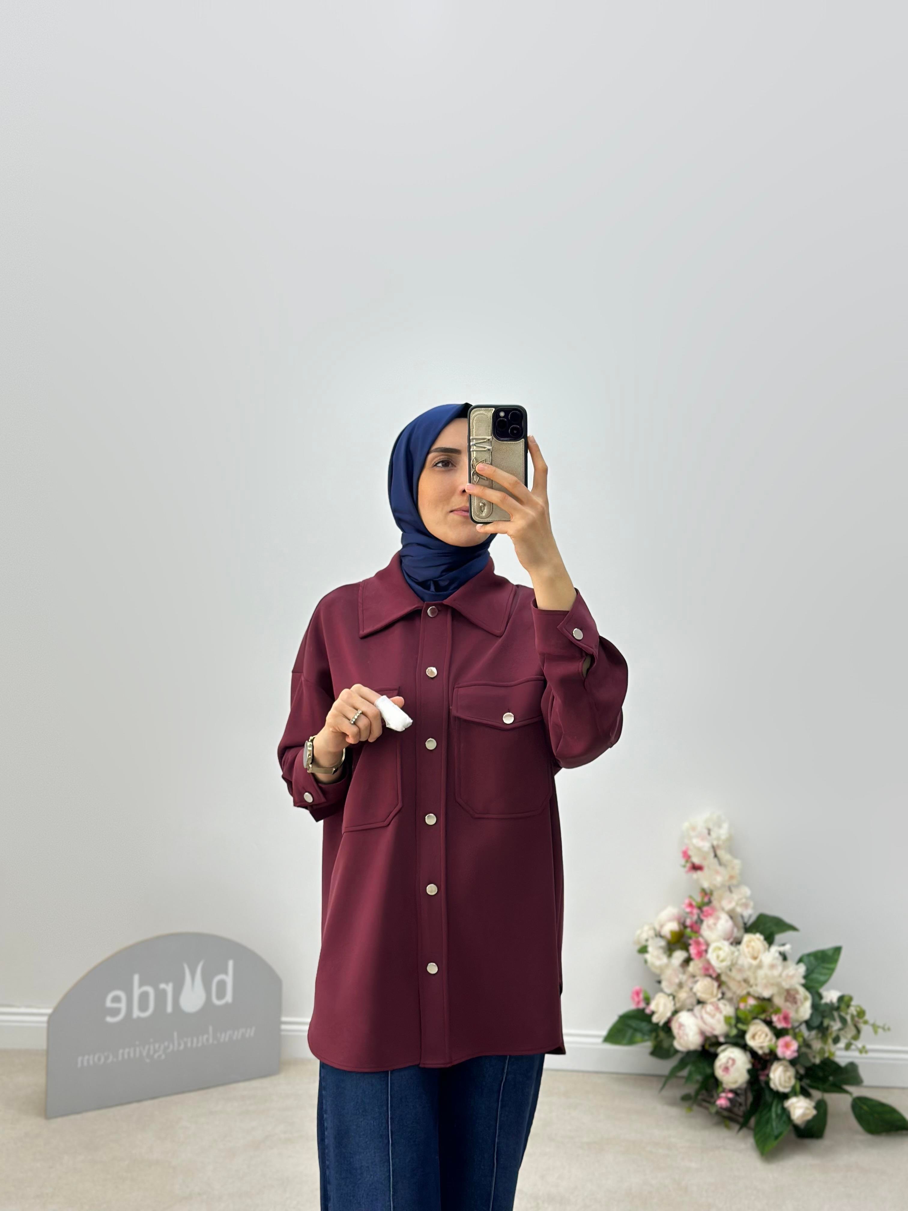 Cepli Oversize Bordo Renk Kadın Shacket