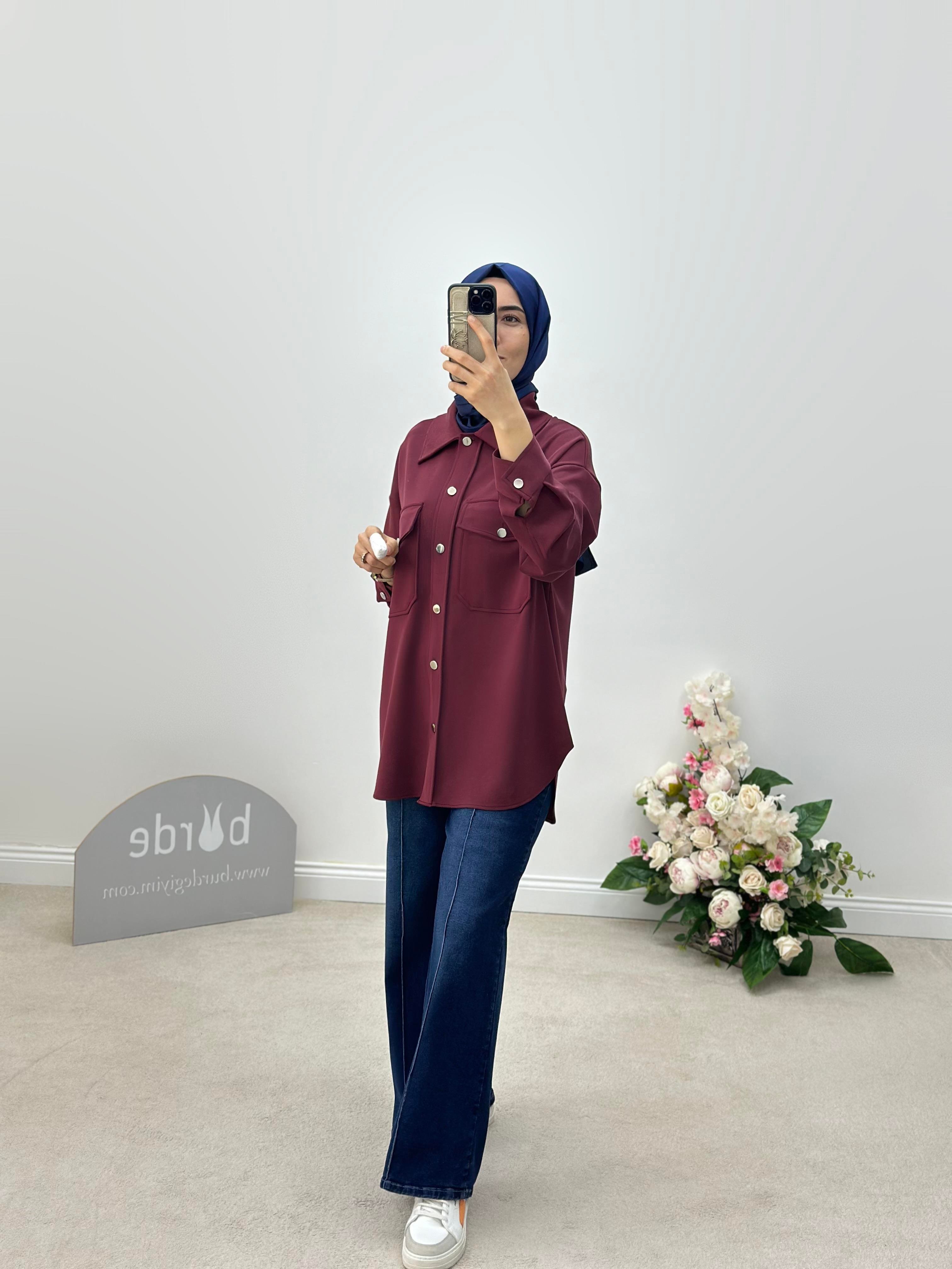Cepli Oversize Bordo Renk Kadın Shacket