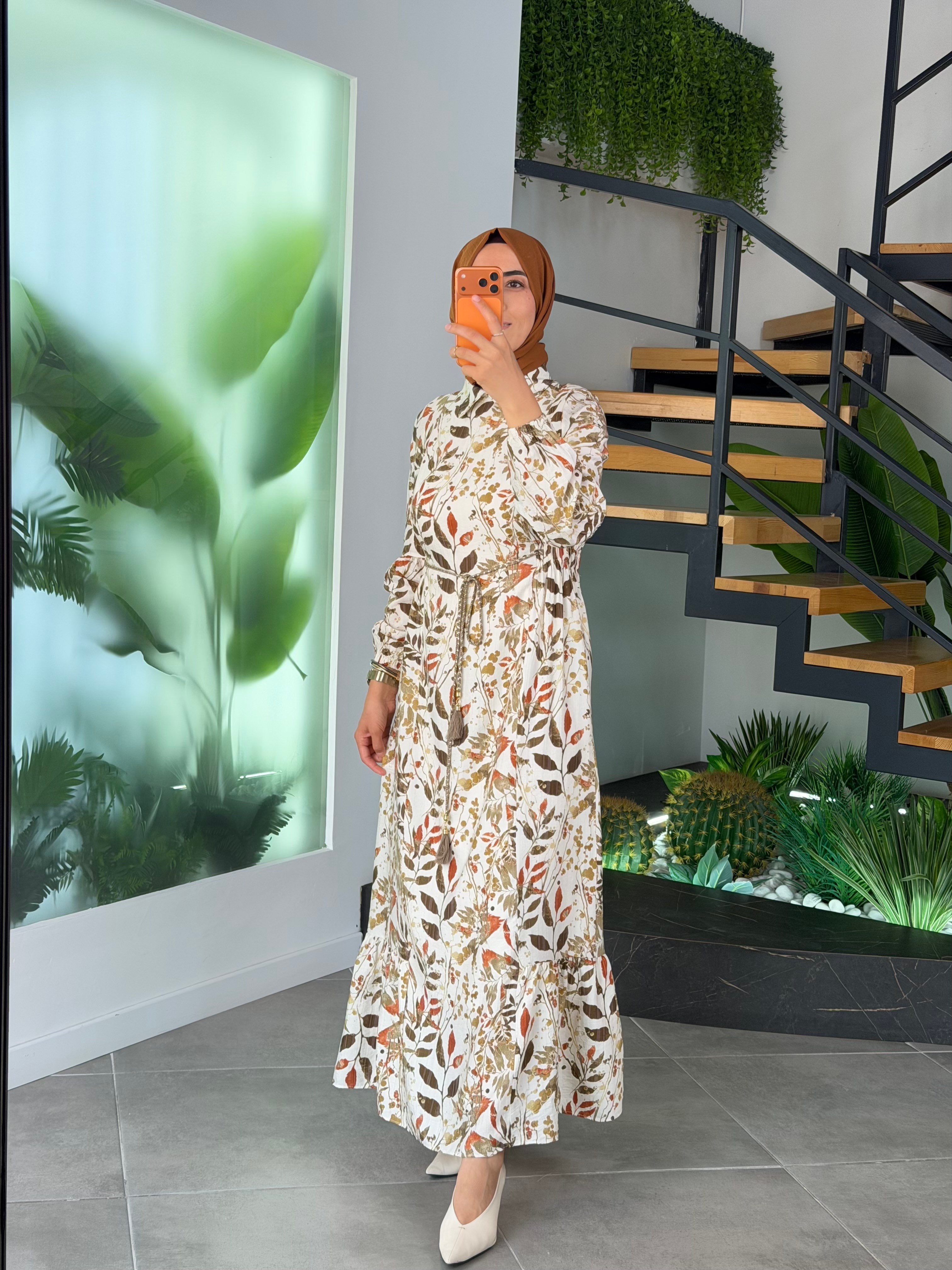 Ceviz Renk Viskon Desenli Yaz Elbisesi