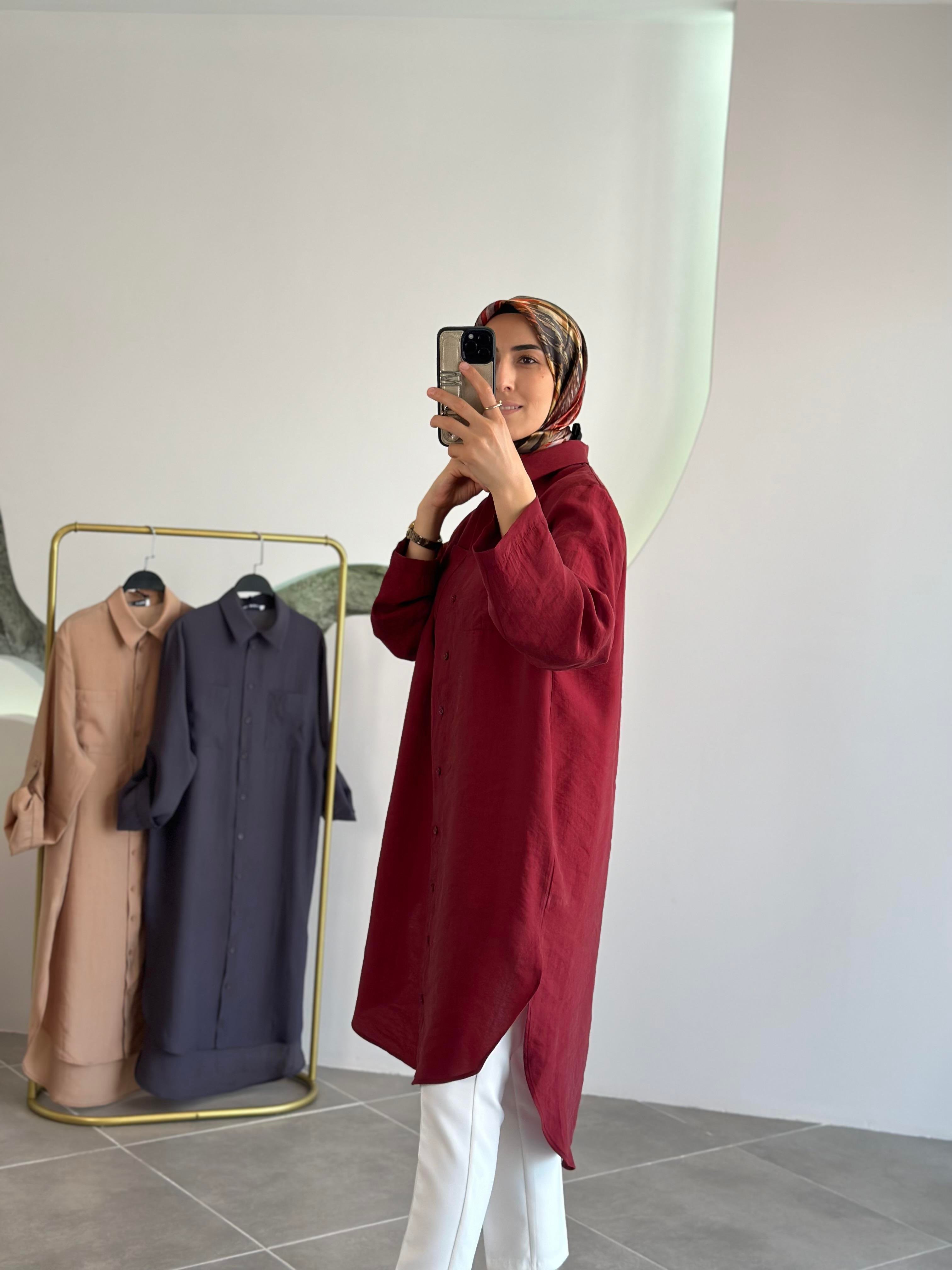 Düğmeli Basic Bordo Renk Kadın Uzun Gömlek