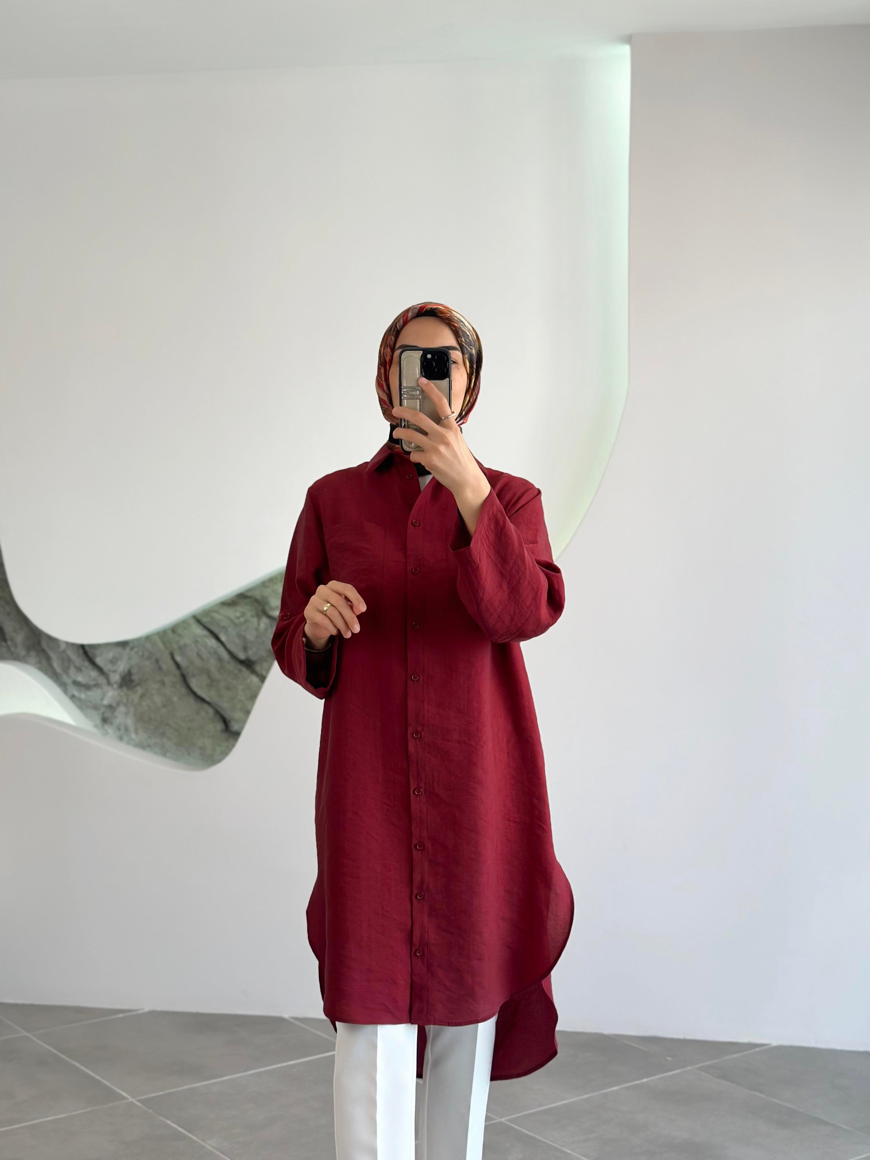 Düğmeli Basic Bordo Renk Kadın Uzun Gömlek