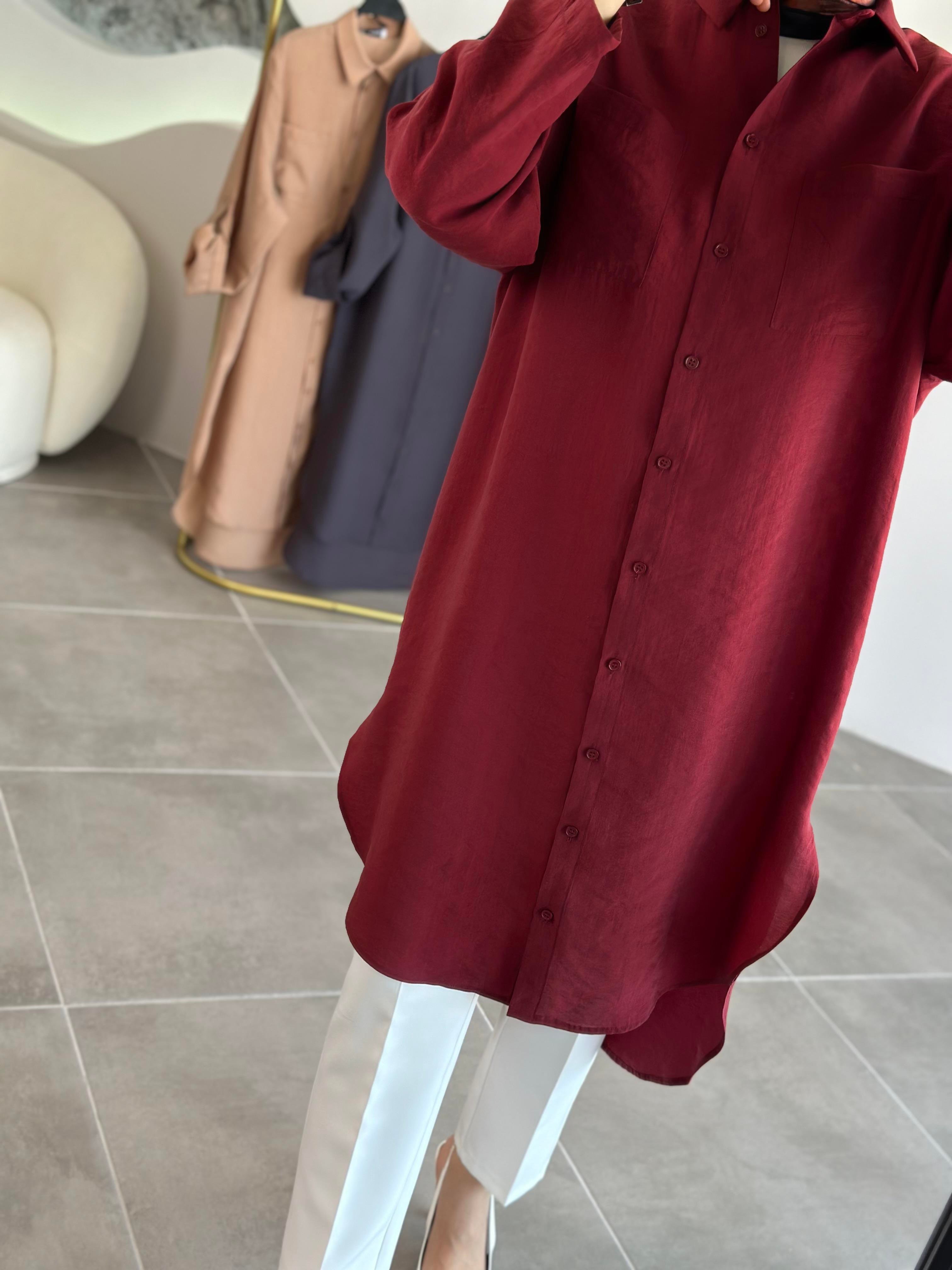 Düğmeli Basic Bordo Renk Kadın Uzun Gömlek