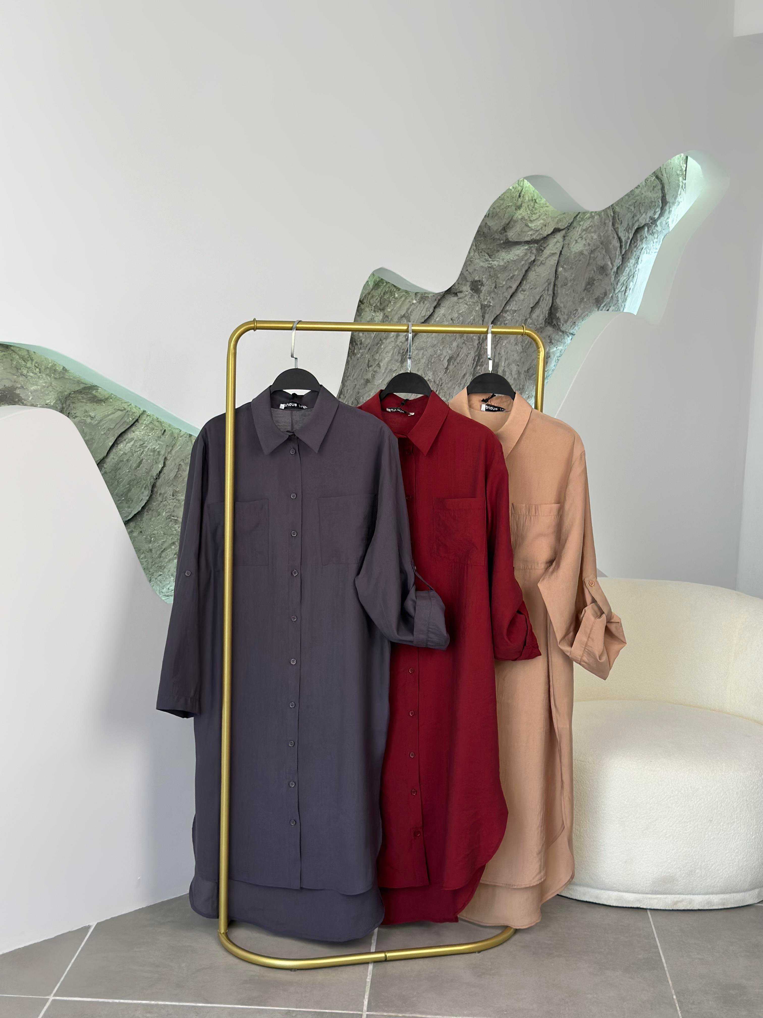 Düğmeli Basic Camel Renk Kadın Uzun Gömlek