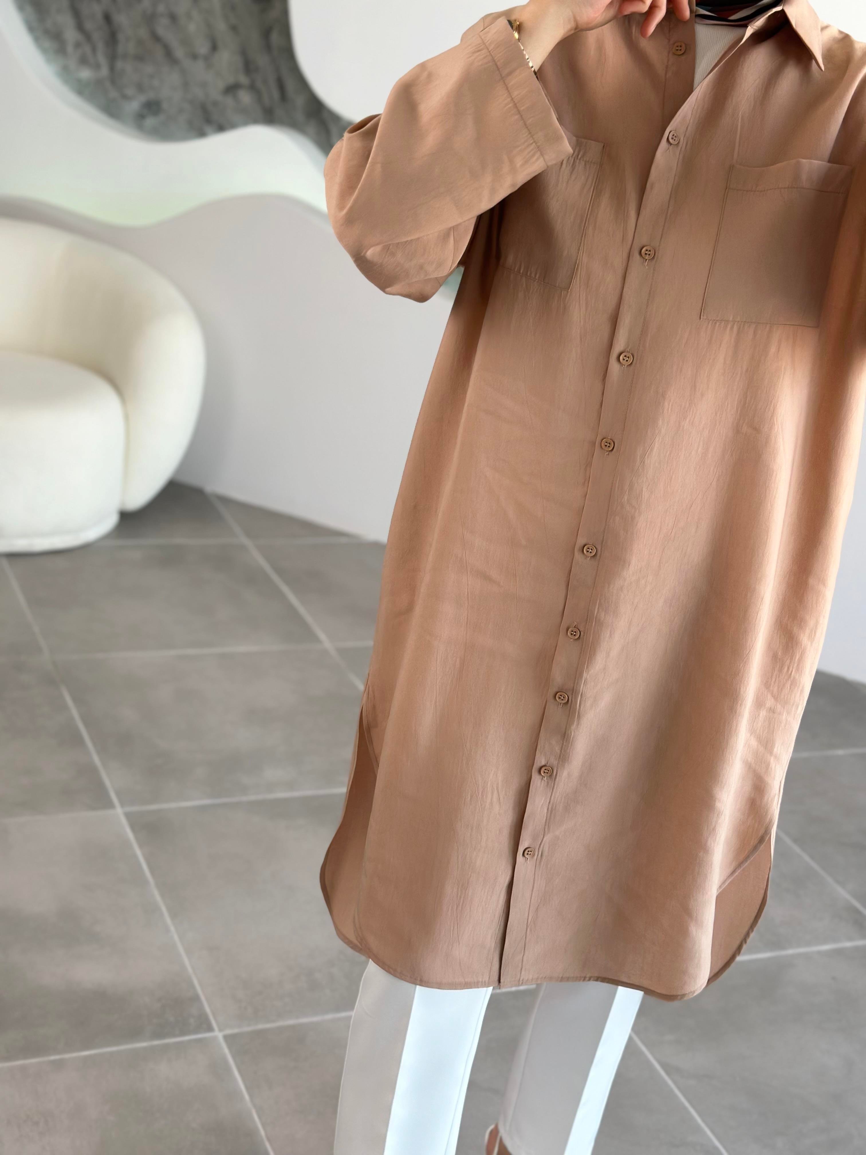 Düğmeli Basic Camel Renk Kadın Uzun Gömlek