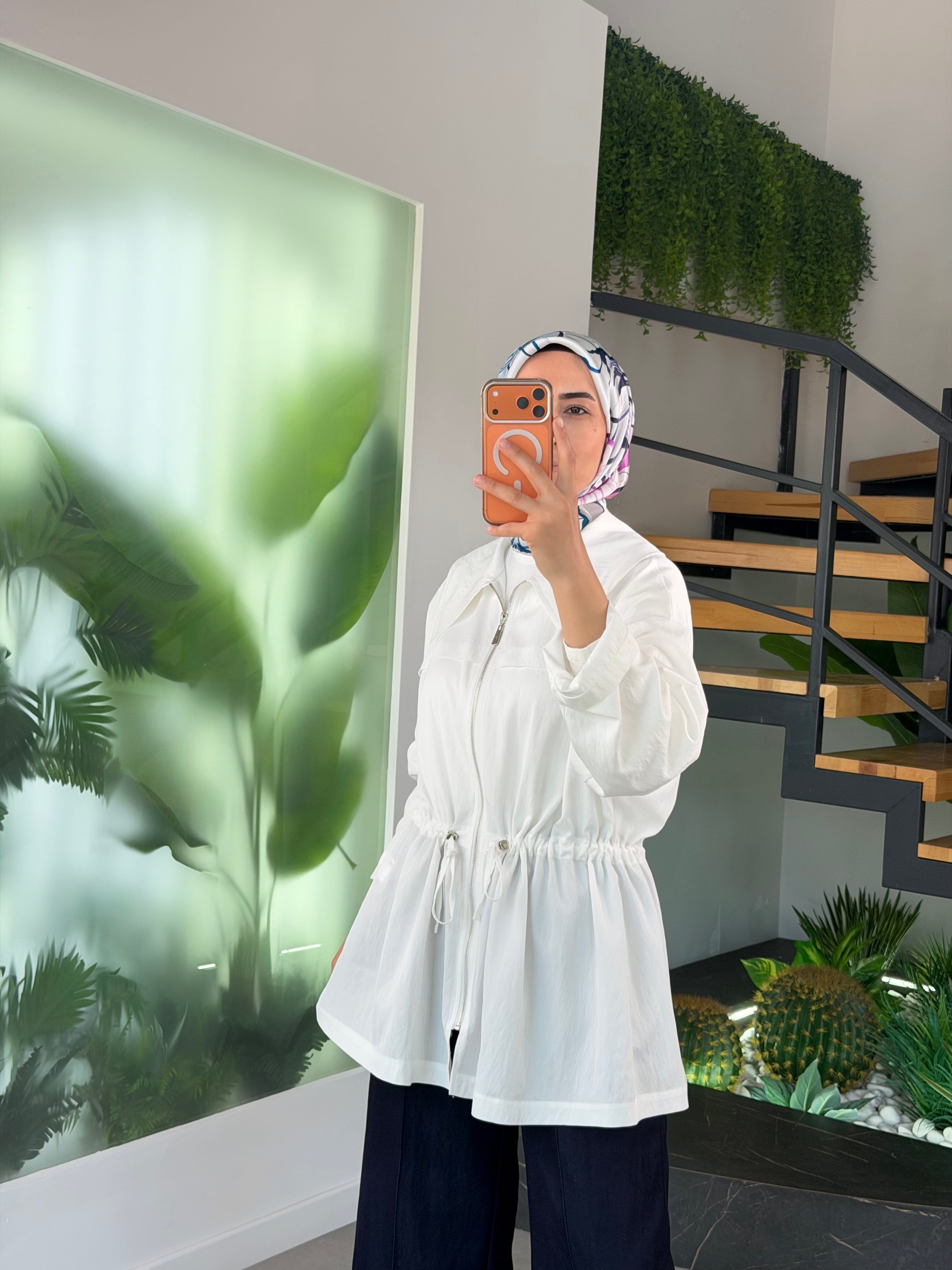 Ekru Renk Beli Tünelli Oversize Ceket