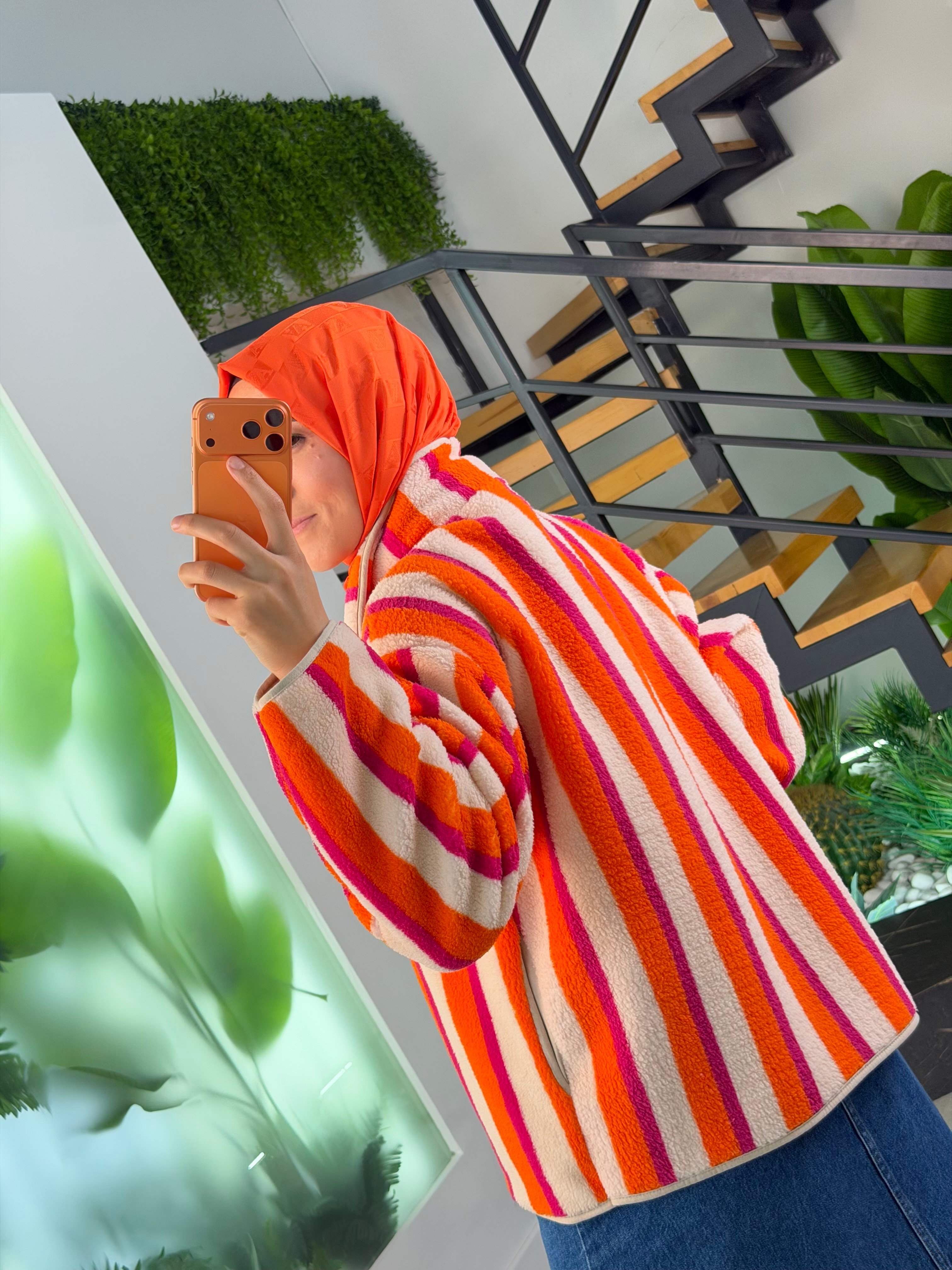 Fuşya-Orange Renk Fermuarlı Polar Basic Ceket