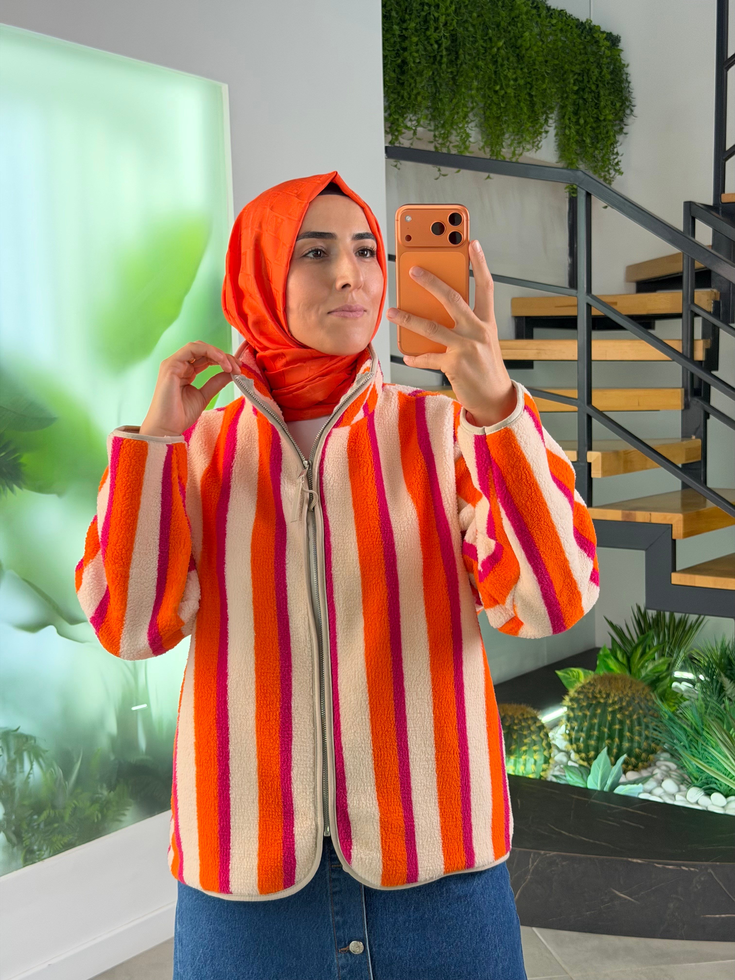 Fuşya-Orange Renk Fermuarlı Polar Basic Ceket