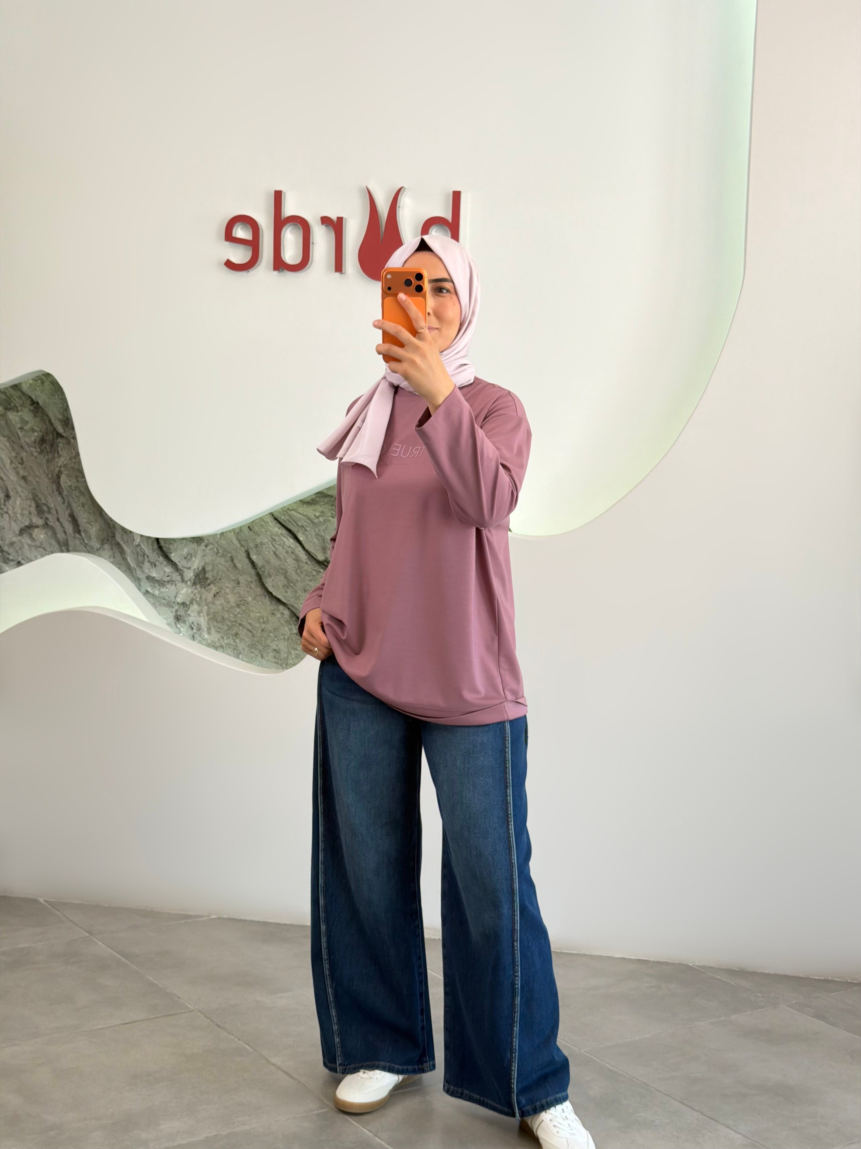 Gül Renk Tonaton Baskılı Basic S-Shirt