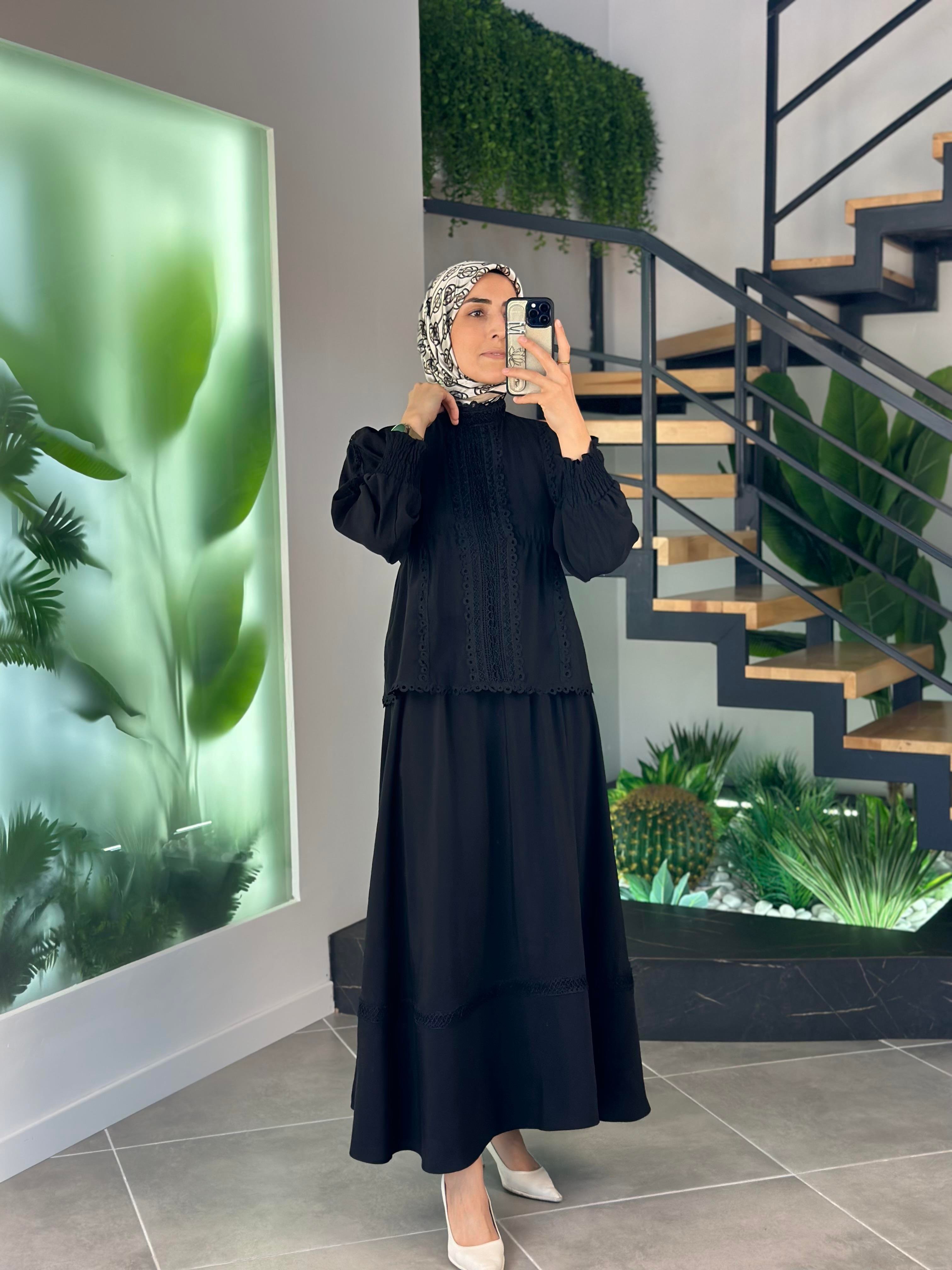 Güpür Garnili Siyah Renk Kadın Etekli Takım