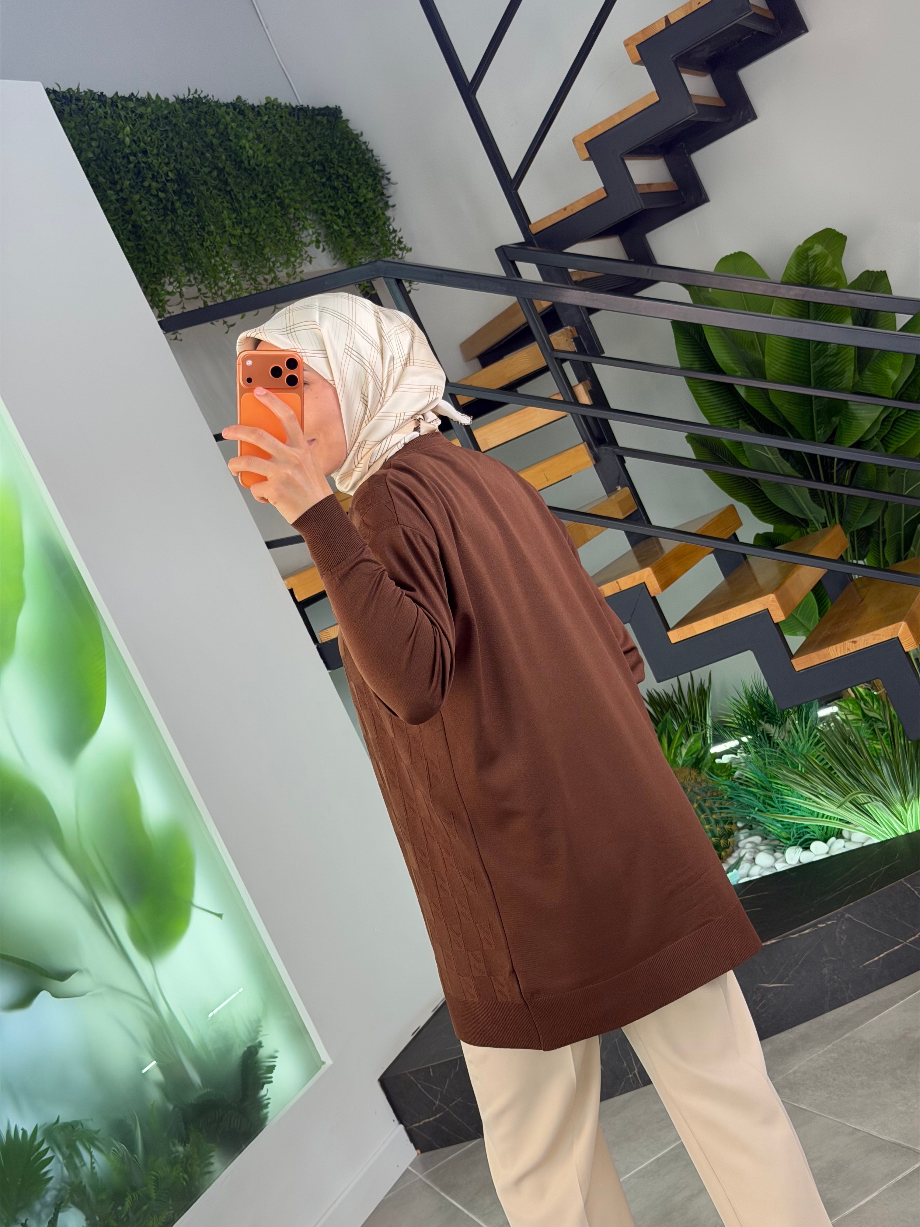 Kahve Renk Dama Desenli Merserize Tunik