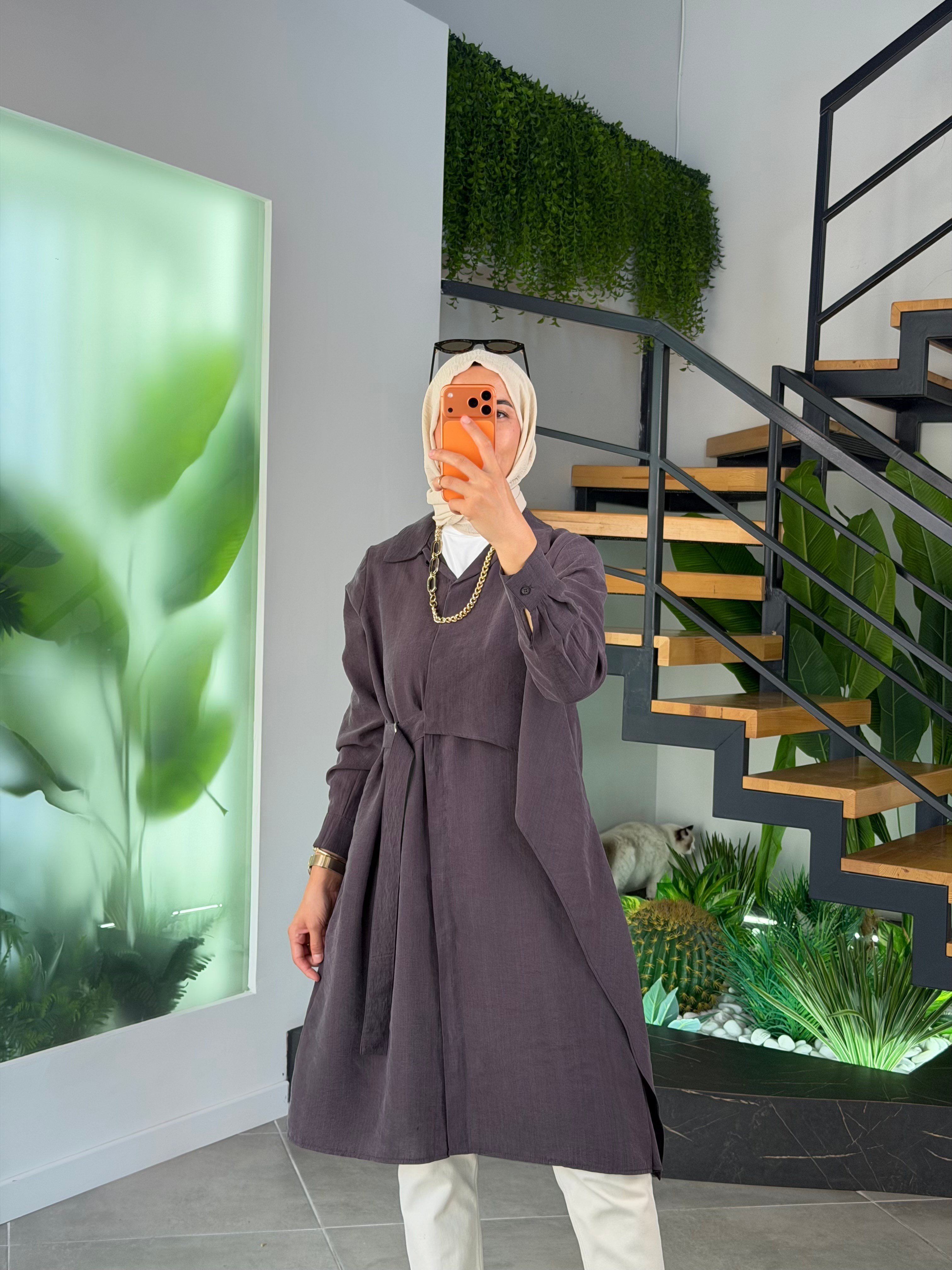 Kahve Renk Doğal Kumaş Kemer Detaylı Tunik Giyçık