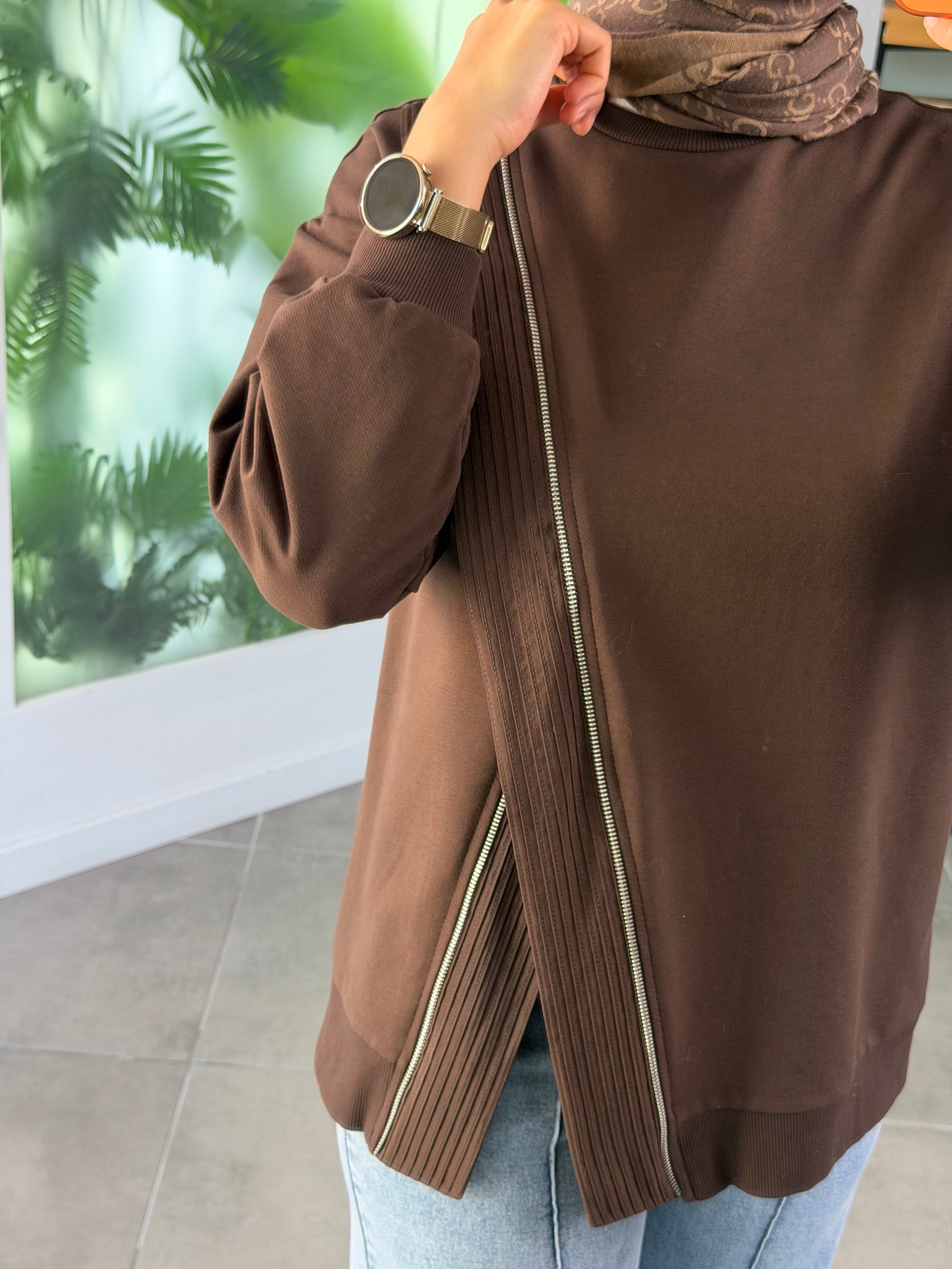 Kahve Renk Fermuar Detaylı Sweatshırt