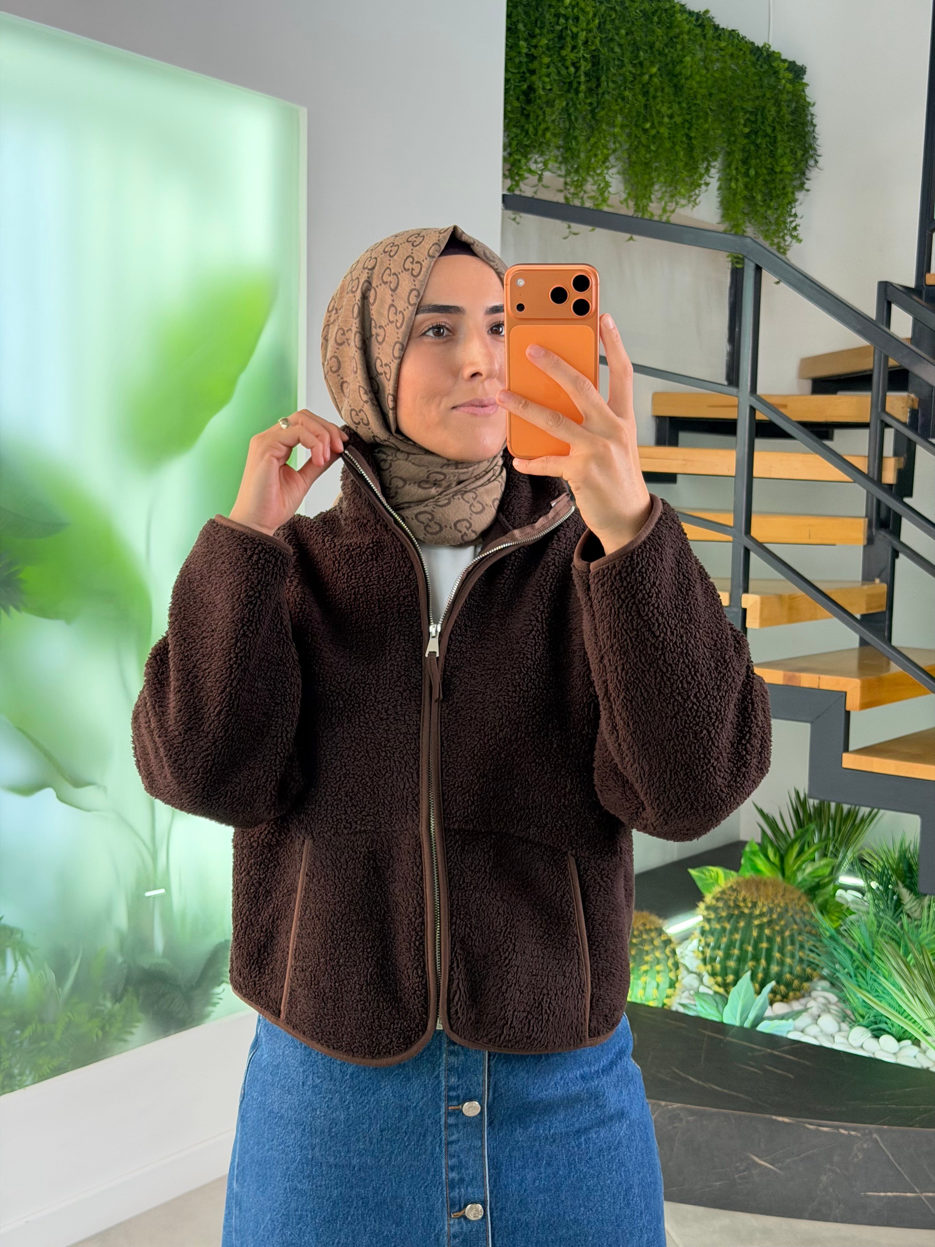 Kahve Renk Fermuarlı Polar Basic Ceket