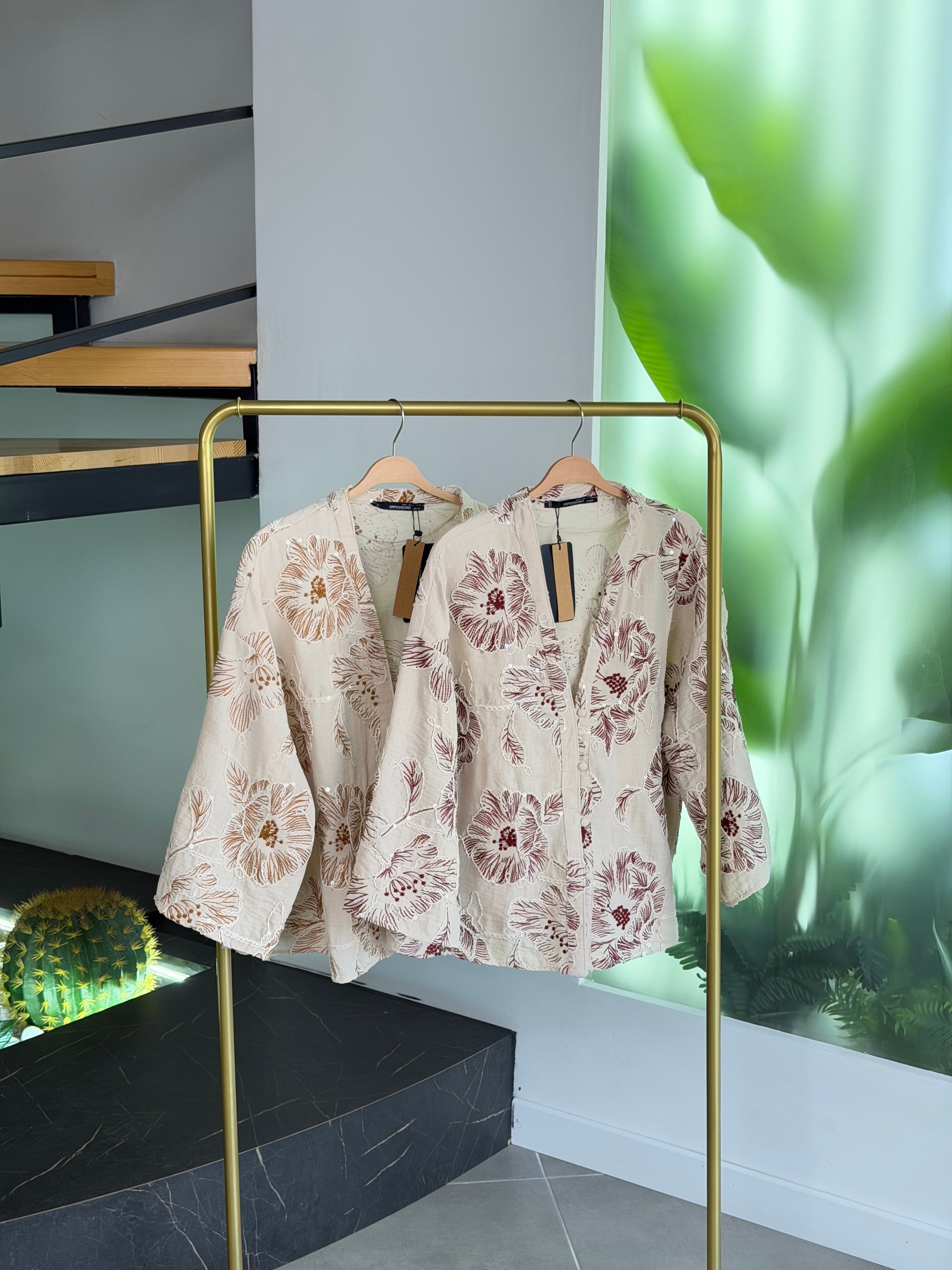 Kahve Renk Nakış Ve Pulet İşlemeli Kimono