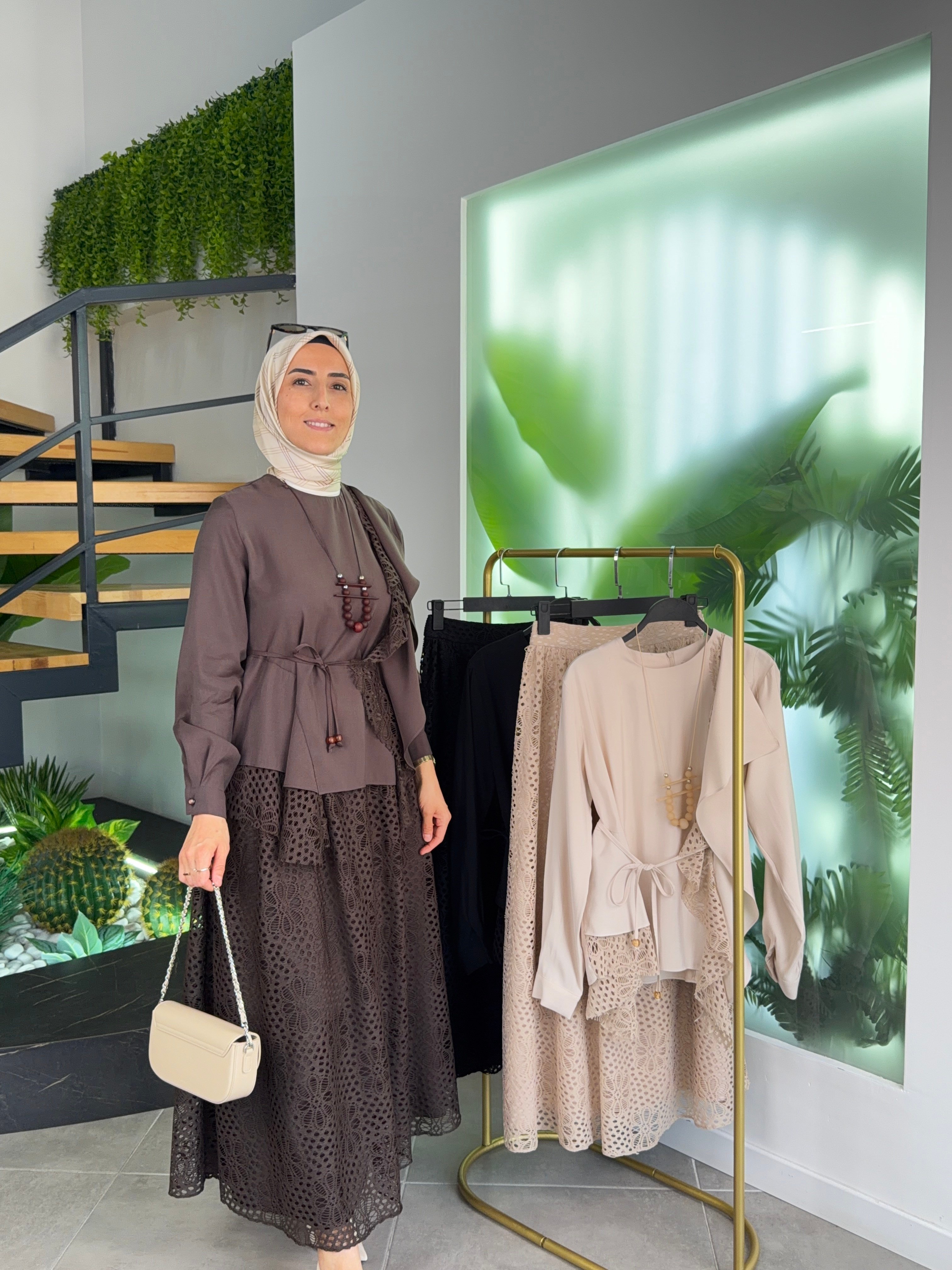 Kahve Renk Premium Güpür İkili Takım