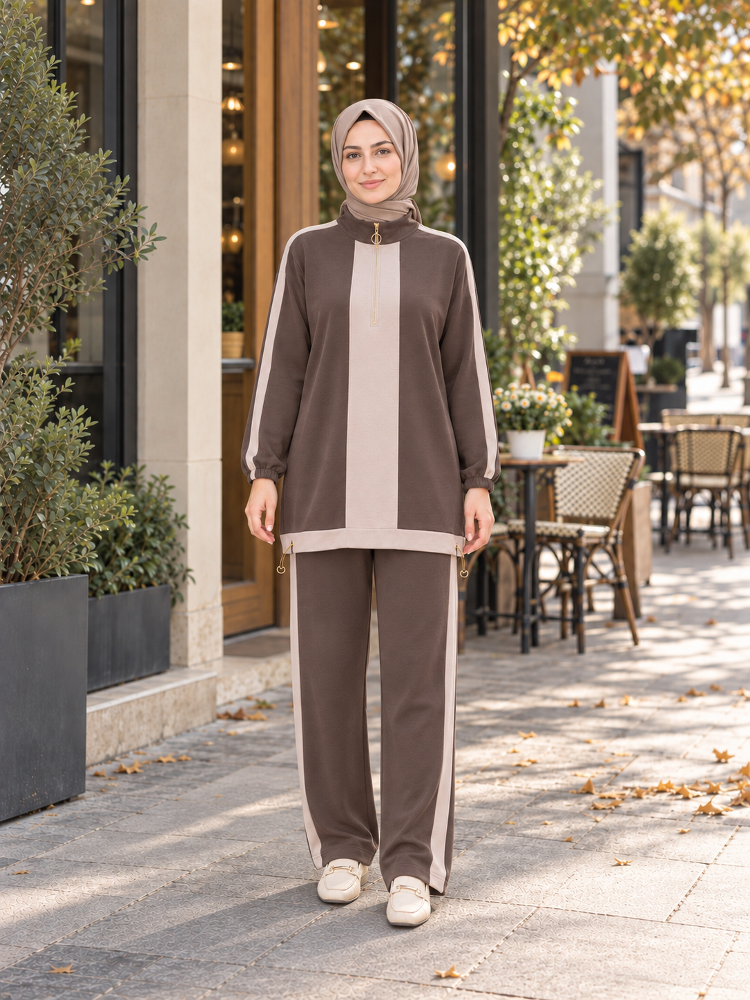 Kahve Renk Renk Garnili Şerit Detaylı Takım