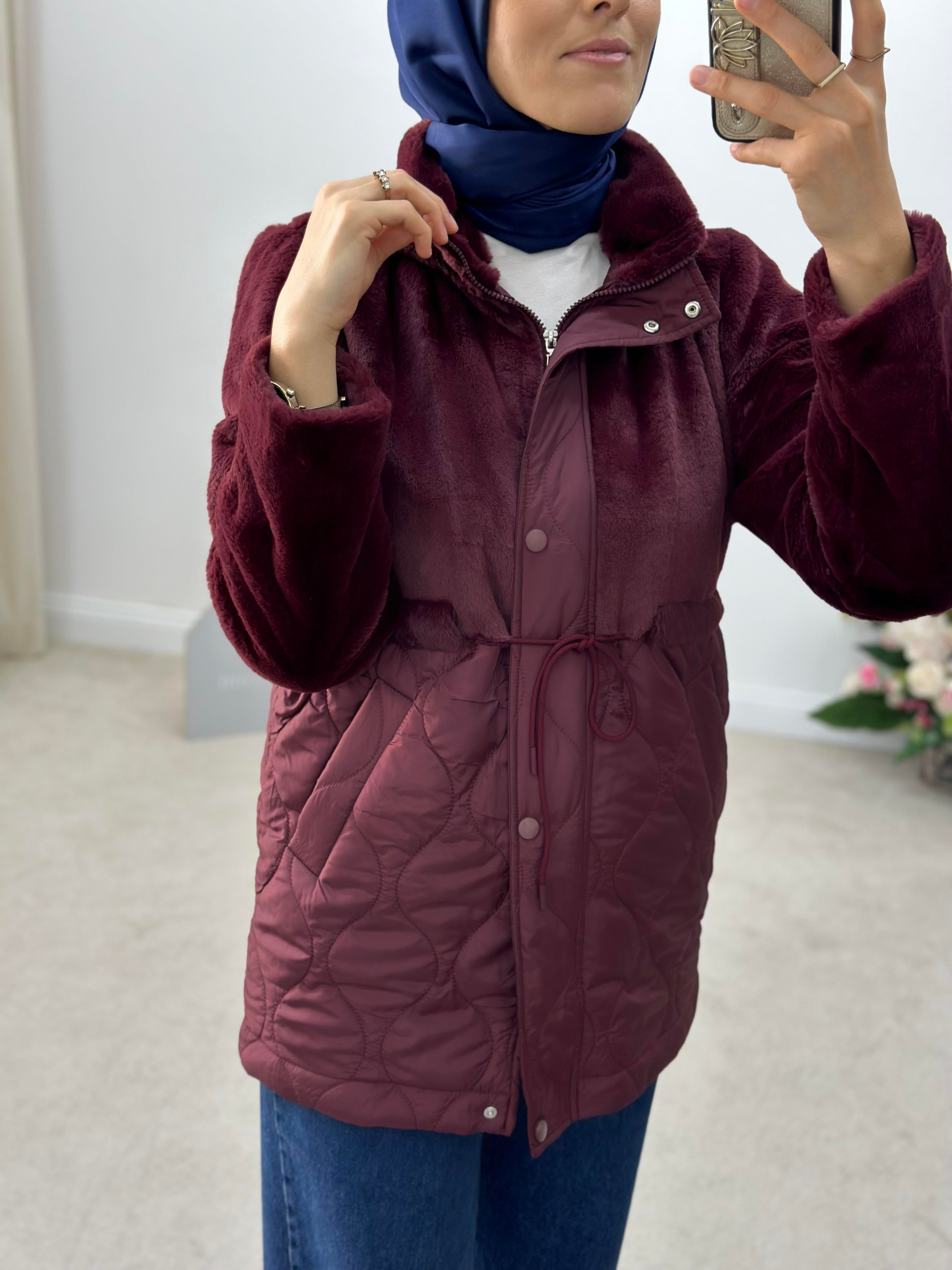 Kapitone Bordo Renk Kadın Peluş Mont