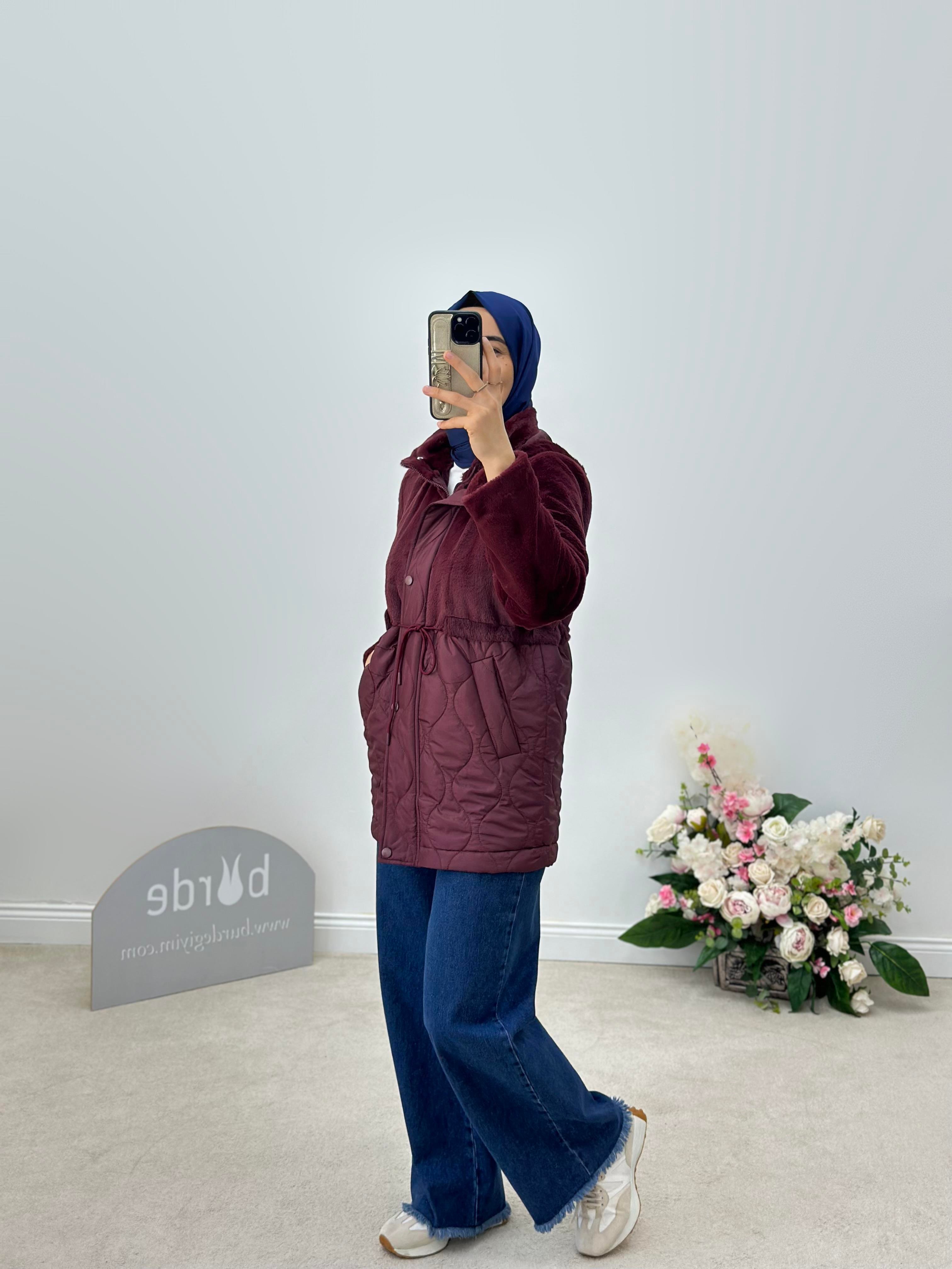 Kapitone Bordo Renk Kadın Peluş Mont