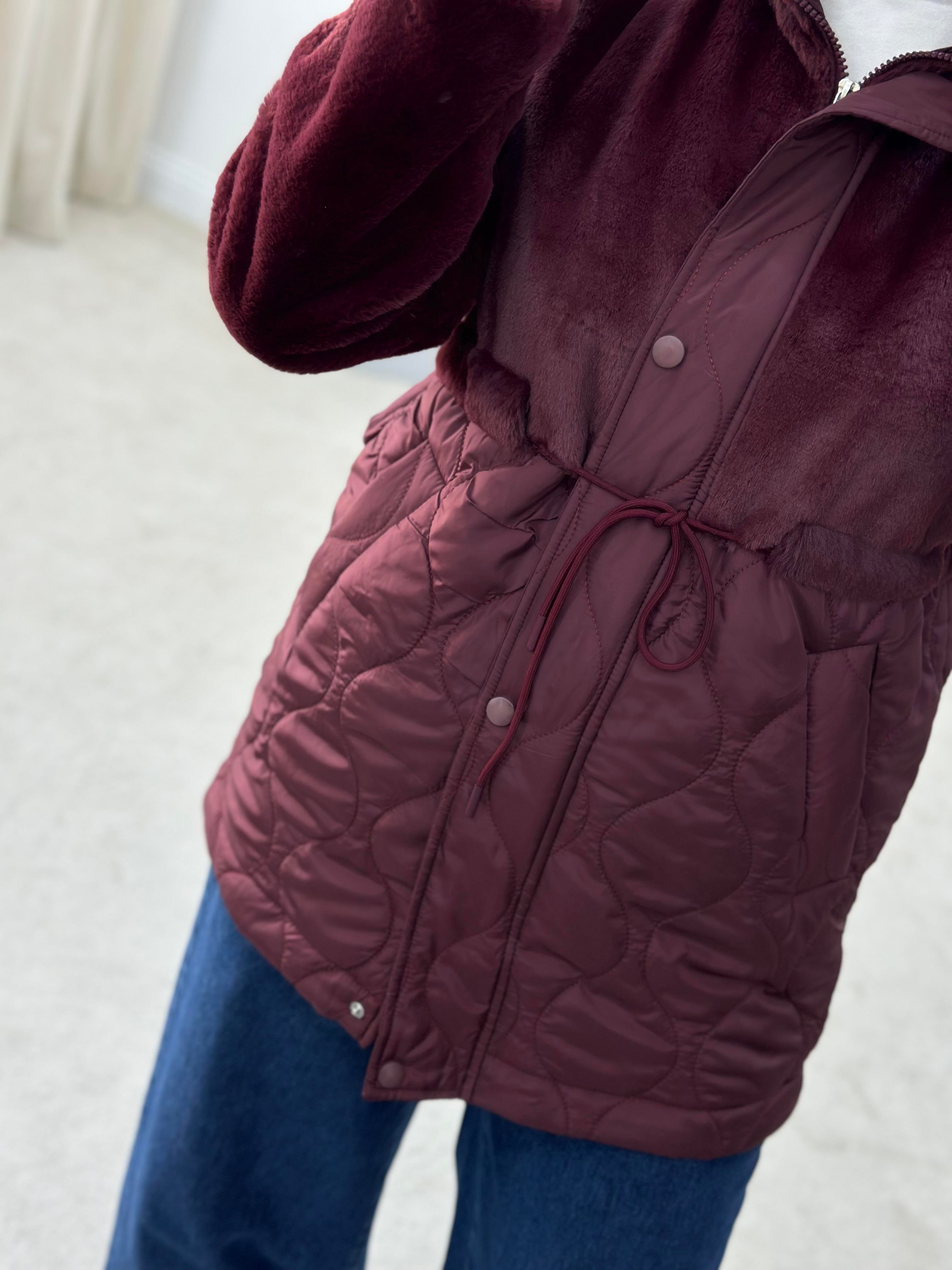 Kapitone Bordo Renk Kadın Peluş Mont