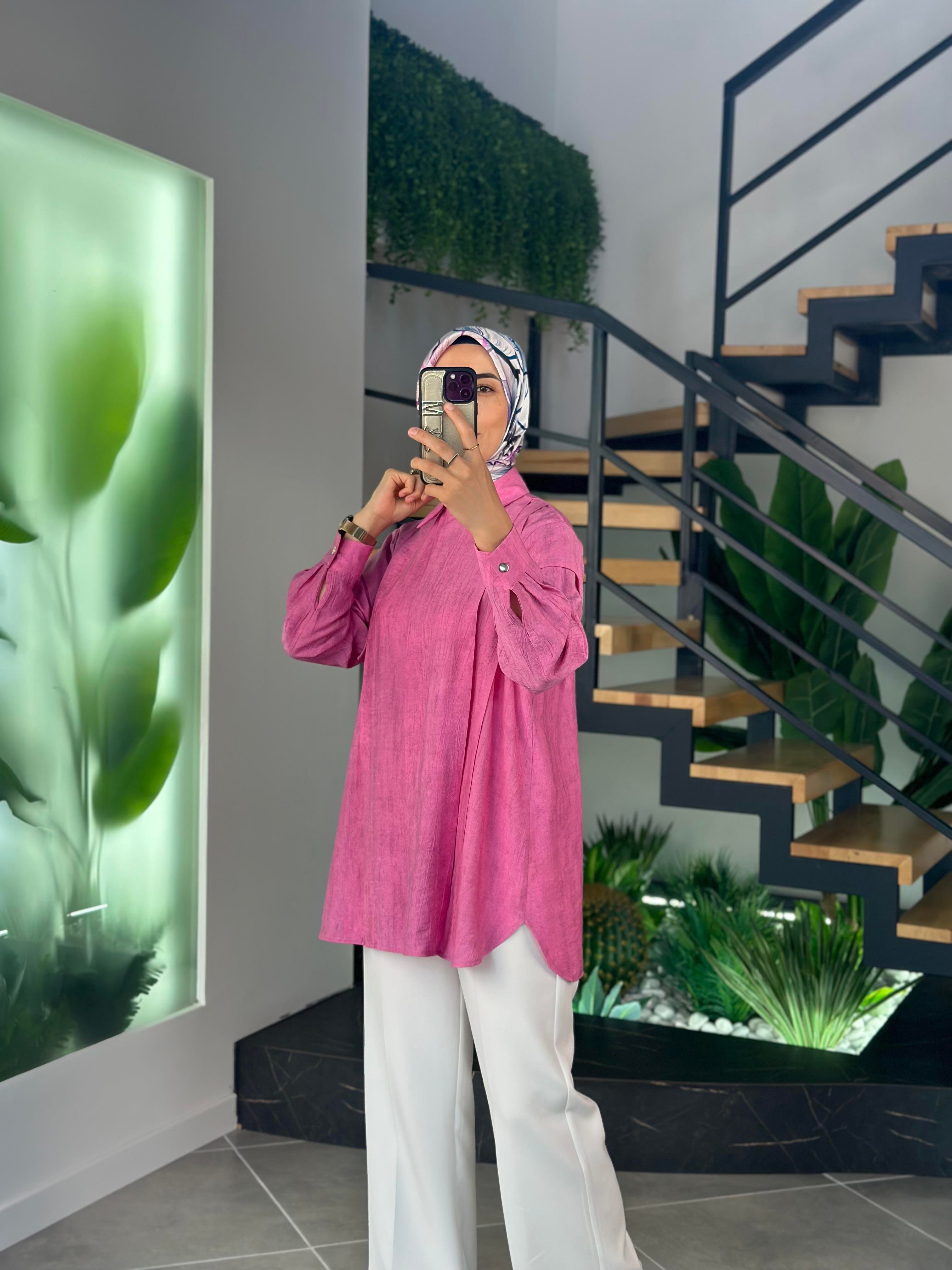 Kırçıllı Kumaş Pembe Renk Pileli Kadın Gömlek